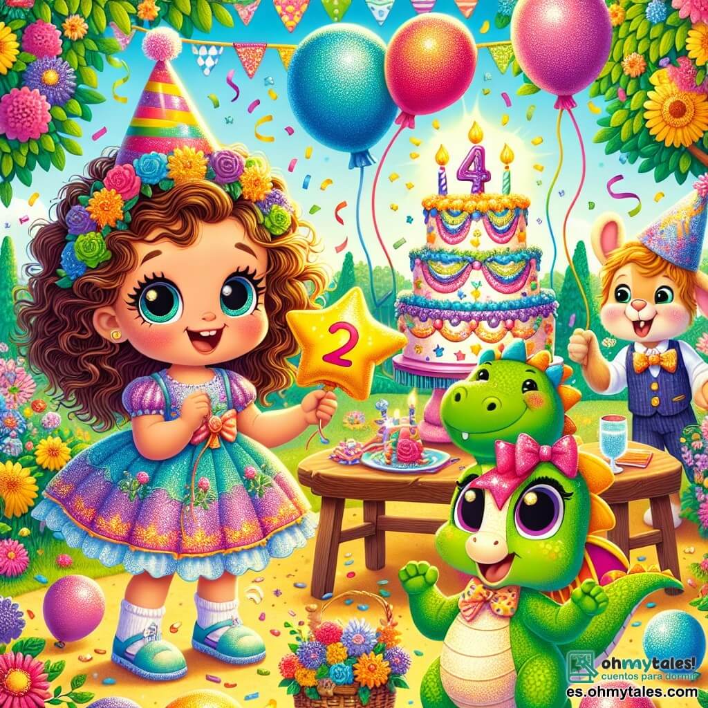 Una niña de 2 años, llamada Sofi, con grandes ojos brillantes y cabello rizado, lleva un vestido colorido y un sombrero de fiesta. Sonríe con asombro mientras sostiene un globo en forma de estrella. A su lado, un adorable dragón verde con escamas brillantes baila alegremente, con sus pequeñas alas extendidas. Un poco más lejos, un conejo vestido con un sombrero de copa, que parece tener unos 5 años, sostiene globos multicolores y sonríe mirando a Sofi. La escena tiene lugar en un jardín soleado, lleno de flores brillantes y guirnaldas coloridas colgadas de los árboles. Un gran pastel de cumpleaños, decorado con velas y purpurina, se encuentra en una mesa de madera adornada con manteles festivos. Sofi y sus amigos celebran su cumpleaños, rodeados de risas y juegos, mientras una lluvia de confeti colorido cae a su alrededor, creando un ambiente mágico y alegre.