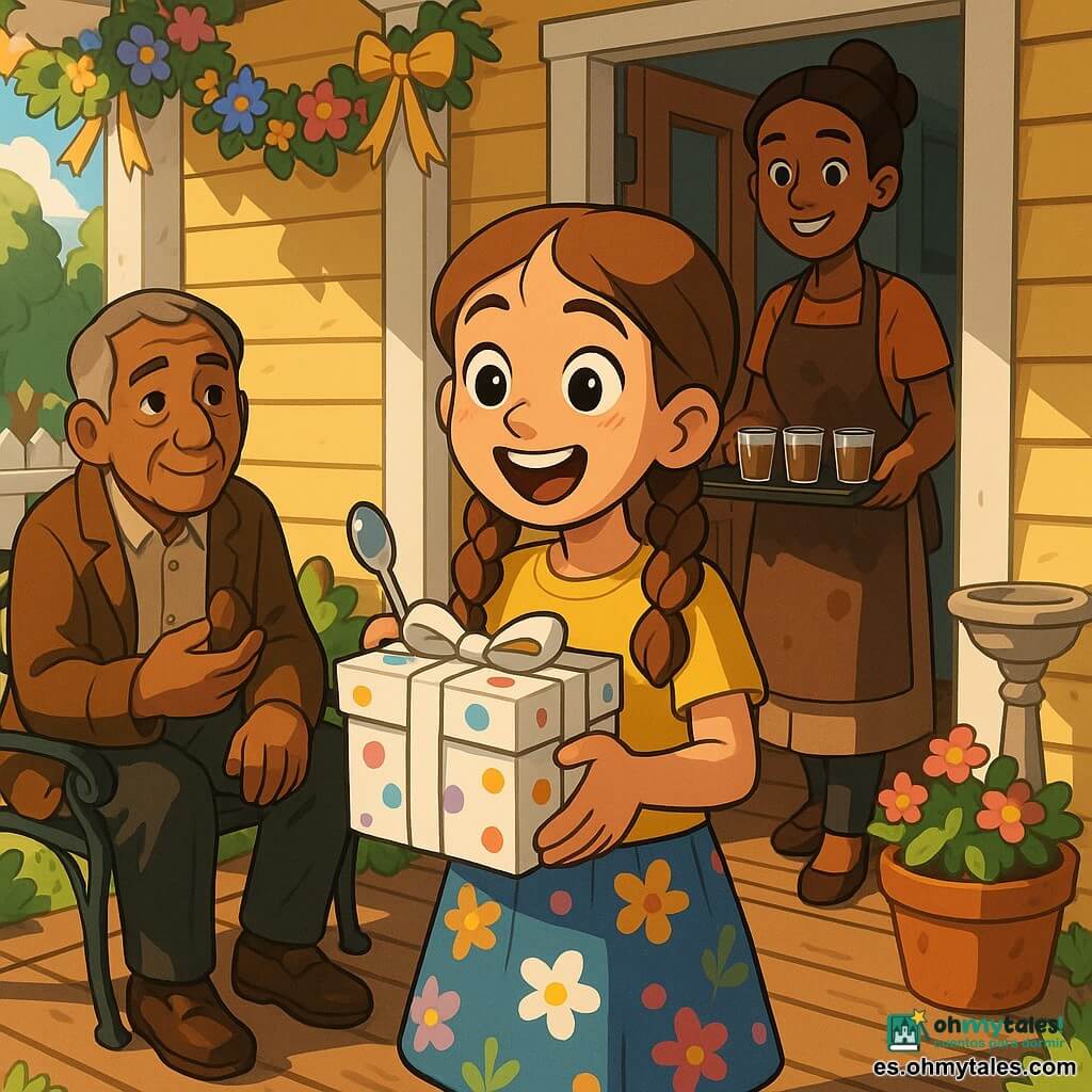 Una niña de 10 años, feliz y asombrada, con trenzas castaño claro, camiseta amarilla y falda de flores, sostiene un regalo blanco con lunares y una cucharita plateada en el porche de madera; detrás, su madre (unos 35 años) sonriente con moño y delantal con manchas de cacao lleva una bandeja de vasitos de chocolate caliente; a la izquierda, Don Julián (unos 70) de rostro arrugado pero amable, pelo cano corto y chaqueta de lana marrón, está sentado en un banco con un huevo de chocolate; el porche está decorado con una guirnalda de flores, lazos amarillos, macetas, un bebedero de pájaros y una valla blanca; escena cálida y tranquila de primavera con luz suave de fin de mañana, la familia y el vecino se reúnen para compartir chocolate y tarjetas de Pascua.