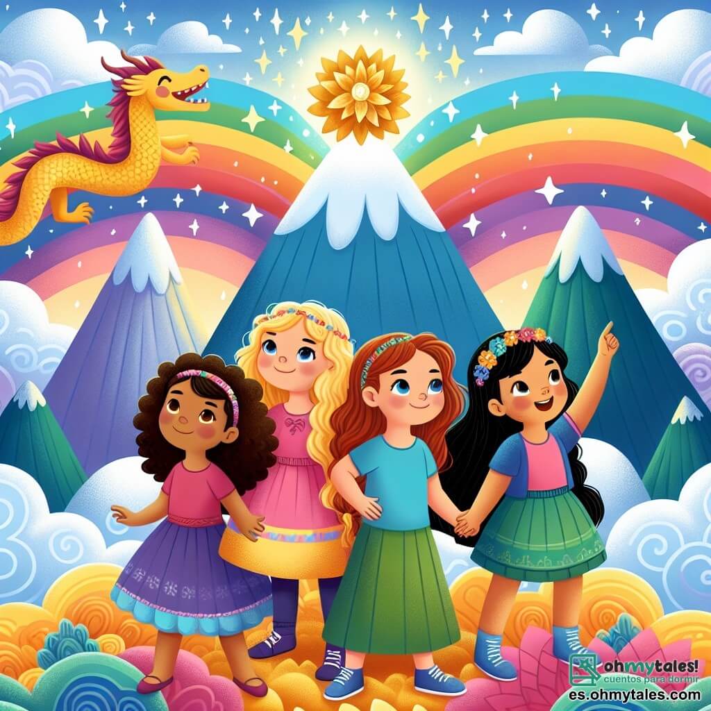 Cuatro chicas, Lila, Sofía, Clara y Valentina, de unos 8 años, están juntas en la cima de una montaña colorida. Lila tiene el cabello rizado y castaño, lleva un vestido rosa y sonríe con entusiasmo. Sofía, con cabello rubio y trenzas, lleva una camiseta azul y mira el cielo con asombro. Clara, de cabello pelirrojo, lleva una falda verde y señala la brillante Flor de la Felicidad. Valentina, con cabello negro y una pequeña corona de flores, lleva un vestido violeta y baila alegremente. La cima de la Montaña de los Sueños está rodeada de nubes multicolores, y en el centro, una hermosa flor dorada irradia luz, simbolizando la alegría y la amistad. Al fondo, un dragón de escamas doradas observa con una sonrisa benevolente, mientras el cielo está salpicado de estrellas brillantes. Las cuatro amigas celebran su victoria tras responder las preguntas del dragón para obtener la Flor de la Felicidad, símbolo de su amistad y valentía.