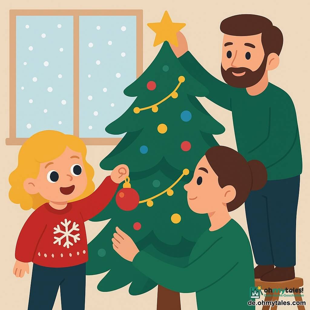 Ein zweijähriges Mädchen, Lilli, mit blonden Locken und großen, staunenden Augen, hängt eine glänzende rote Kugel an einen Weihnachtsbaum. Sie trägt einen roten Pullover mit Schneeflockenmuster und lächelt fröhlich. Neben ihr hilft ihre Mutter, eine etwa 30-jährige Frau mit braunen Haaren in einem Dutt, Lilli bei der Dekoration. Sie trägt einen grünen Pullover und schaut Lilli liebevoll an. Der Vater, ein etwa 32-jähriger Mann mit kurzem Bart und braunen Haaren, setzt einen goldenen Stern auf die Spitze des Baumes. Er steht auf einem kleinen Tritt neben dem Baum. Die Szene spielt sich in einem gemütlichen Wohnzimmer ab, mit einem großen Weihnachtsbaum, der mit Lichterketten und bunten Kugeln geschmückt ist. Draußen, durch das Fenster, sieht man dicke Schneeflocken sanft fallen.