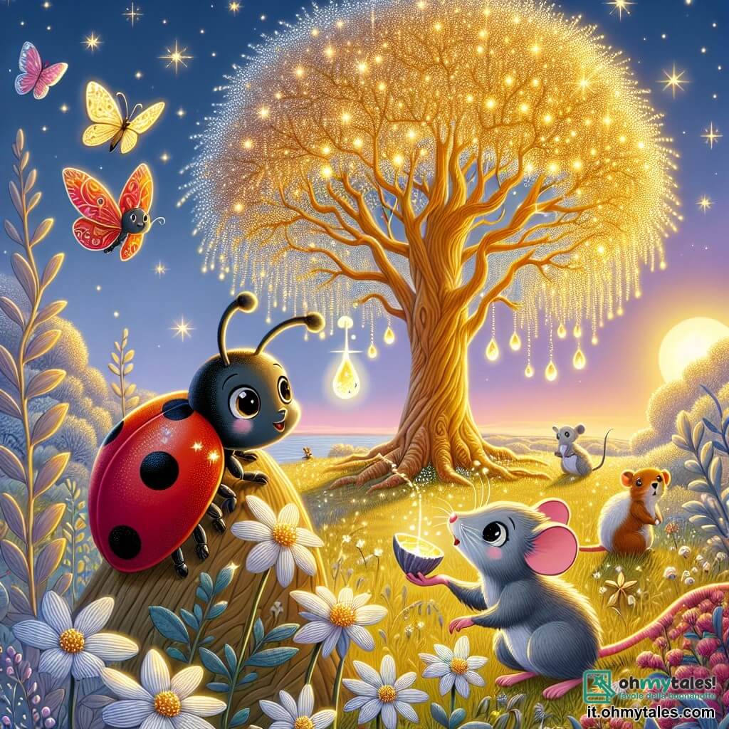 Una piccola coccinella di nome Lulu, con un brillante dorso rosso punteggiato di sette punti neri, esprime grande curiosità e meraviglia volando attorno a un maestoso albero dorato, le cui foglie brillano come stelle al sole. Accanto a lei, un piccolo topolino grigio di nome Tito, con grandi occhi scintillanti, osserva attentamente l'albero mentre tiene in mano una piccola conchiglia piena di rugiada magica, pronto a usarla per aiutare la sua amica. Sullo sfondo, un campo di fiori di luna scintillanti, dai petali argentati, si estende sotto un cielo pastello al crepuscolo, creando un'atmosfera incantata. La scena mostra Lulu e Tito mentre versano la rugiada sul tronco dell'albero dorato, sperando di ridargli vita e splendore, mentre altri amici animali, come uno scoiattolo peloso e una farfalla colorata, li osservano con speranza ed eccitazione.