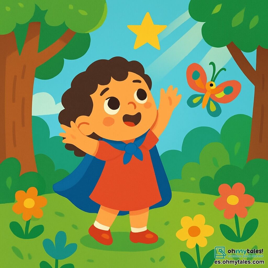Una niña de 2 años, con cabello rizado y ojos brillantes, lleva zapatitos rojos y una capa azul. Sonríe maravillada y mira al cielo, levantando los brazos como si quisiera atrapar una estrella. A su lado, una mariposa de alas multicolores vuela alegremente, añadiendo un toque de magia a la escena. El lugar es un bosque encantado, con árboles de troncos gruesos y hojas verdes brillantes, donde flores de colores vivos florecen bajo un cielo azul radiante. Rayos de sol se filtran a través de las ramas, creando patrones luminosos en el suelo. La niña busca una estrella perdida en el cielo, rodeada de flores danzantes y mariposas curiosas, lista para vivir una gran aventura.