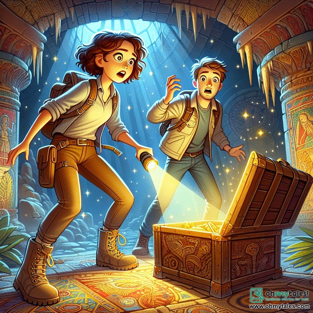 Amelia, a young woman with curly brown hair, wears a worn backpack and hiking boots. Her face shows determination mixed with excitement as she stands in front of an ancient wooden chest, uncovering forgotten treasures. Next to her, Liam, a boy with short blonde hair around 20 years old, watches in awe. He is dressed in a light jacket and holds a flashlight, illuminating the mysterious chest. Their exploration takes place in a vast underground chamber, with walls adorned with ancient frescoes and colorful mosaics. Stalactites sparkle from the ceiling, and shadows dance around them, creating a magical and intriguing atmosphere. The main scene depicts Amelia and Liam discovering the chest filled with ancient artifacts, symbolizing their courage and adventurous spirit in a hidden world beneath the city.