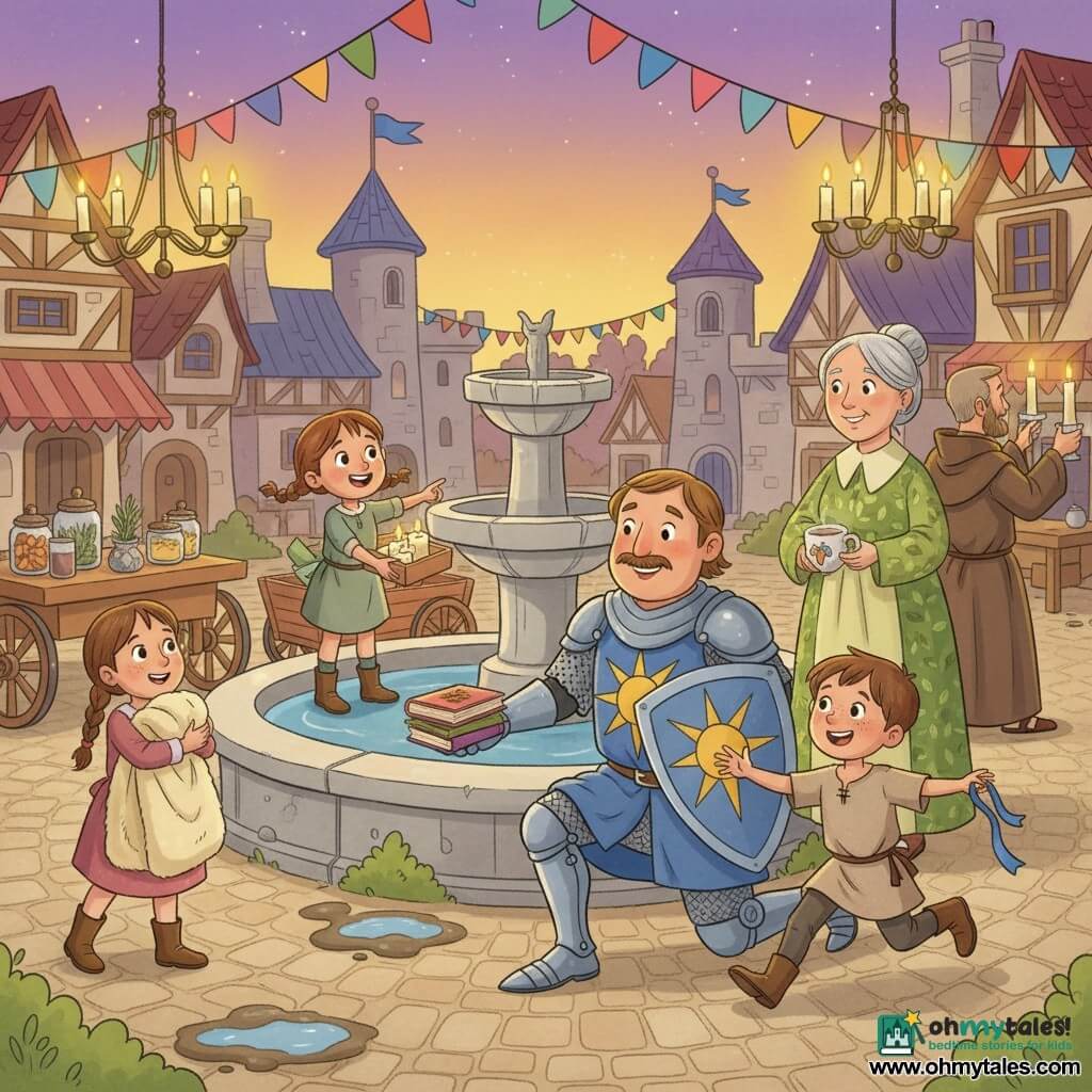 Sir Cedric, a smiling, kind middle-aged knight with a round face and thin mustache in shiny chainmail and a blue tunic bearing a golden sun on his shield, kneels slightly offering a stack of small illustrated books with his right hand extended toward children; Tilly, a 5-year-old page with chestnut pigtails and muddy boots in a practical dress, stands on a small wooden cart behind the horse holding a box of candles and proudly showing the books; a freckled 7-year-old boy in a simple coat runs toward Sir Cedric with arms open, holding a handmade blue ribbon; an 8-year-old girl clutches a large cream wool blanket, standing slightly left of Sir Cedric with wide-eyed wonder; Healer Hazel, a silver-haired woman around 60 in a green leaf-patterned dress, stands by a table of scented herb jars offering a cup of warm tisane; an adult monk in a brown robe lights tall candles on candelabras in the background right, their glow adding soft light. The scene is the village square at late afternoon around a round stone fountain, with pale cobbles, wattle-and-daub houses, a low castle with blue pennants, colorful garlands and lanterns, and a few muddy puddles by the cart. The main action is a joyful gift distribution for the "Great Hope Feast"—books, blankets, candles and cakes—people gathered in a circle around the fountain, warm candle and lantern light contrasting with a violet-and-gold twilight sky, saturated colors, simple shapes and visible textures (wool, wood, metal, paper) suitable for children.