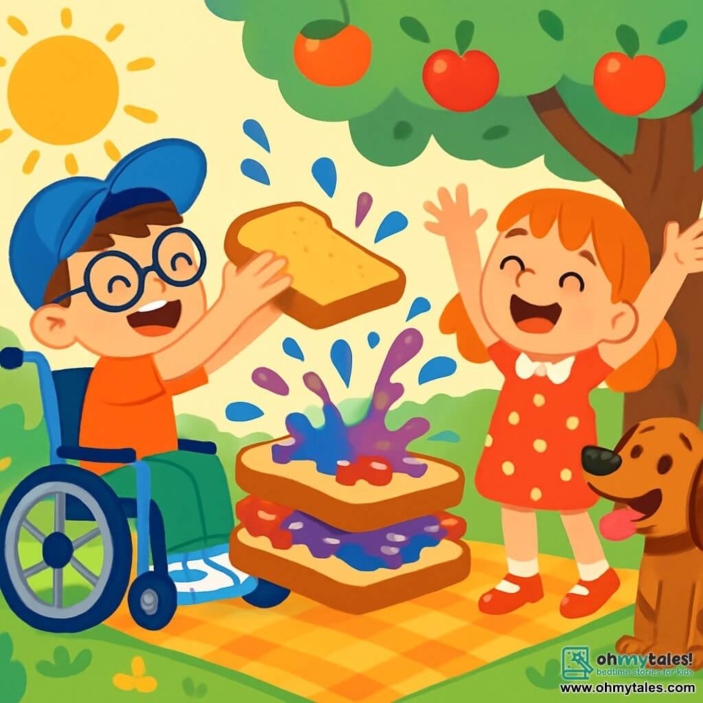 There are three characters: Max, an 8-year-old boy wearing a bright blue hat and round glasses, sitting in a shiny wheelchair and smiling enthusiastically; Lily, a 7-year-old girl in sparkling red shoes and a polka dot dress, standing next to Max with her arms raised in joy; and Barkley, a medium-sized dog with brown fur and floppy ears, sitting at their feet, panting and curiously looking at the sandwich. The scene takes place in a sunny garden filled with colorful flowers and a large apple tree heavy with red apples. The grass is green and fresh, and a large checkered blanket is spread on the ground with a gigantic golden bread sandwich overflowing with red, blue, and purple jelly. The main situation shows Max and Lily, both laughing heartily, putting the last slice of bread on their huge sandwich, while jelly splatters into the air, creating a joyful and fun scene.