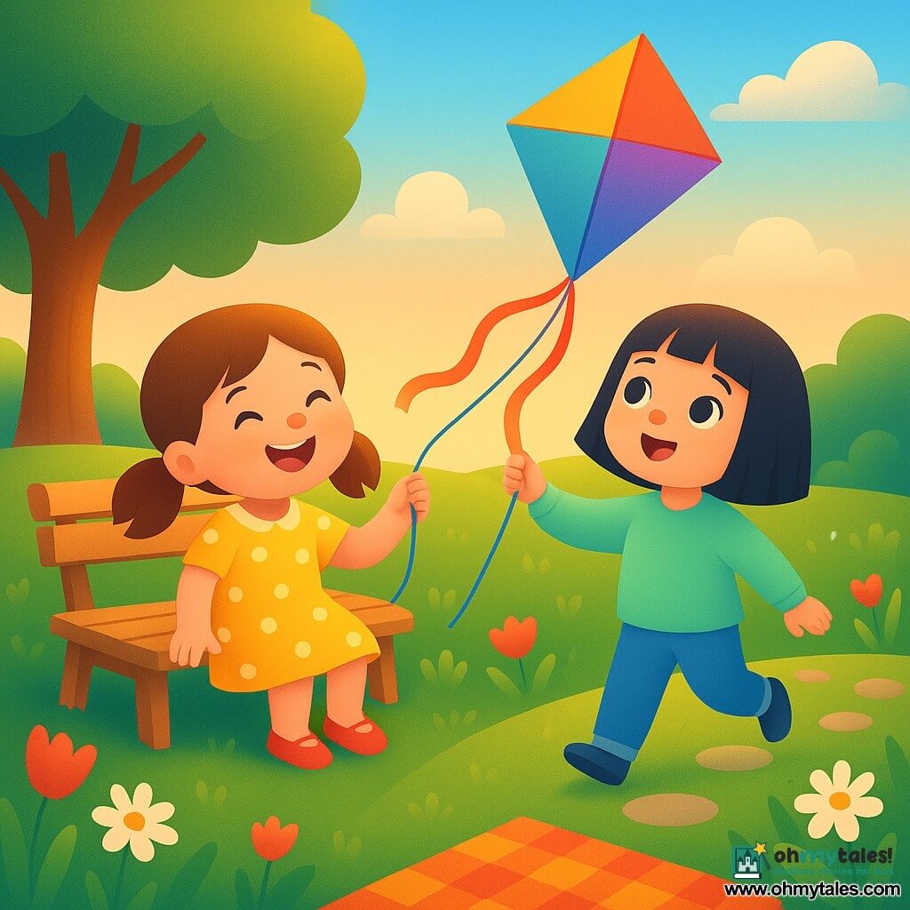 Two 3-year-old girls: Mia with brown pigtails in a yellow polka-dot dress and red shoes on a small wooden bench at left holding half a kite with a big smile; Noor with a straight black bob, mint-green sweater and blue pants standing at right holding the other kite string and looking up in wonder. Bright spring garden with carpet-like green grass, red tulips and white daisies by a stone path, a light wooden bench, a checkered blanket, a large oak at left and a blue sky with fluffy clouds. Main scene: they run side by side holding a kite soaring in a gentle breeze, joyful faces, flowing dresses and ribbons, warm golden sunset light, long shadows, simple clear shapes and a vivid high-contrast palette for toddlers.