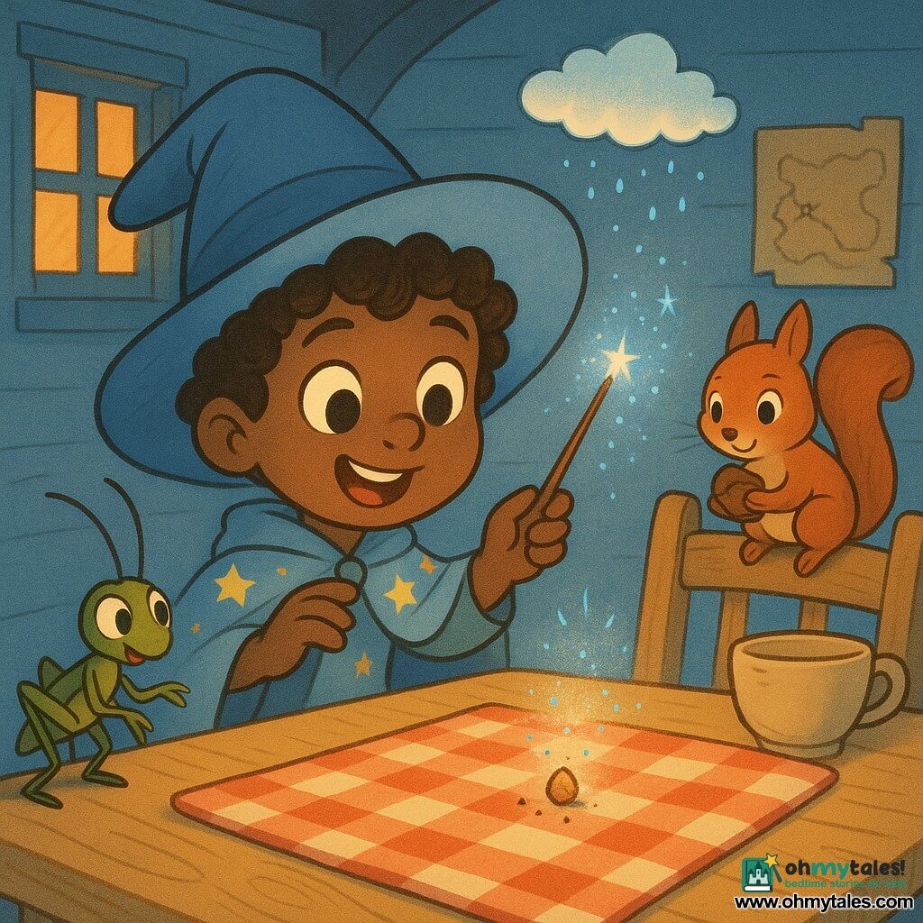The main character is a small, curious boy wizard wearing a soft blue hat and starry cape, with curly brown hair and wide amazed eyes; he waves a sparkling wand and smiles at a tiny animated crumb. A laughing green cricket with twitching antennae sits on the wooden table near a teacup, a red squirrel holding a hazelnut perches on a chair back watching the crumb, and a fluffy miniature white cloud floats above sprinkling blue sparks. The crumb is tiny, round, and cheerful, hopping on a red-checkered napkin. The cozy blue house interior has a light wooden table, a teacup, a drawn map on the wall and golden light through the window; the scene shows the wizard playfully recalling the missing crumb with a spell while his animal friends gather, creating a gentle, enchanted atmosphere.