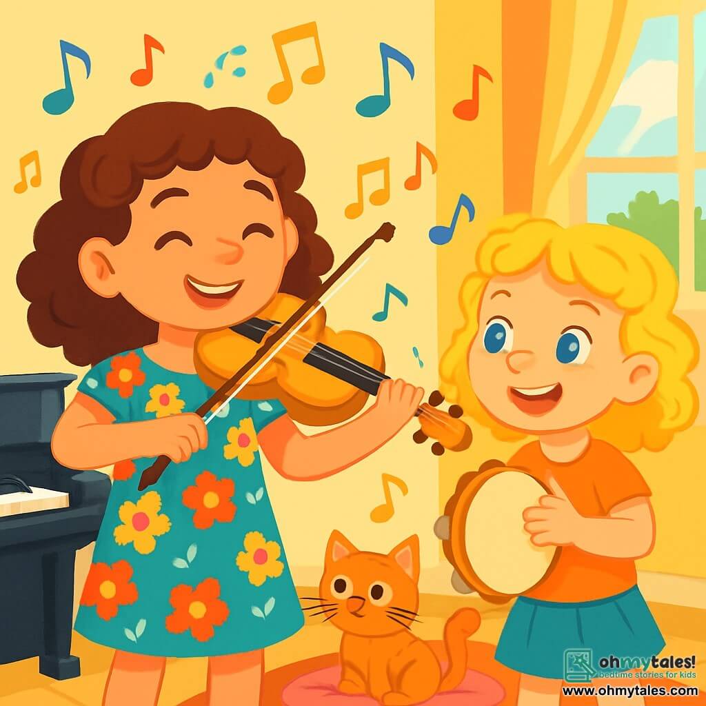 Sophie, a young girl with curly brown hair, radiates joy with a big smile on her face. She wears a colorful floral dress and plays her golden violin passionately. Next to her is Mia, a 7-year-old girl with frizzy blonde hair, enthusiastically shaking a tambourine, her eyes shining with excitement. They are in a bright room filled with vibrant colors, featuring a shiny black piano, walls decorated with musical notes, and sunlight streaming through the windows. The scene shows Sophie and Mia playing together, creating a joyful melody that makes the notes dance around them, while their cat, Whiskers, watches curiously from a fluffy cushion.