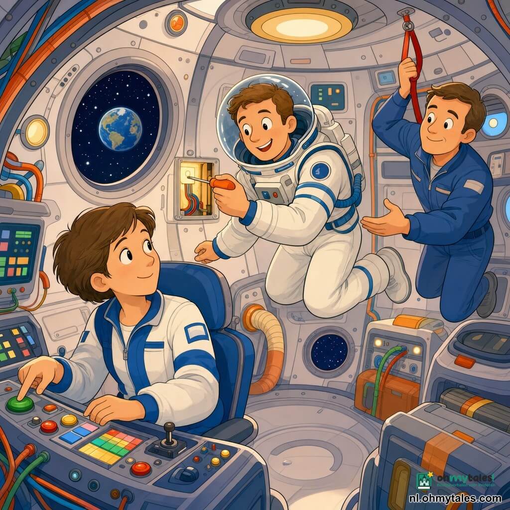 Een glimlachende, rustige mannelijke astronaut met zichtbaar gezicht achter een doorzichtige vizier, in een witte ruimtepak met blauwe strepen, zwevend in een ronde cabine en een kleine oranje schroevendraaier bij een verlicht paneel houdend; een geconcentreerde vrouwelijke ingenieur van circa 35 jaar met kort haar zit voor een kleurrijk bedieningspaneel en drukt op een grote groene knop links terwijl ze naar de astronaut kijkt; een kalme mannelijke collega van circa 40 jaar hangt met een rode band aan het plafond rechtsachter en reikt hulp; interieur van het ruimteschip is rond met witte en grijze wanden, ronde raampjes, gekleurde kabels en labels, zachte sfeerverlichting; scène van rustige, collaboratieve reparatie, geruststellende sfeer, warme kleuren, duidelijke expressies en vriendelijke gebaren.
