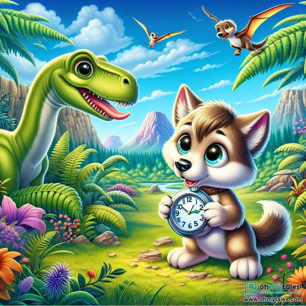 Wally, a small wolf with soft, silky fur and curious, bright eyes, stands at the center of the image, holding a sparkling round clock in his front paws. He has an expression of wonder and excitement, ready to explore a new world. Next to him is Dino, a large herbivorous dinosaur with a long neck and green skin, wearing a friendly smile and kind, twinkling eyes. He leans slightly towards Wally, as if encouraging him to press the button on the clock. The background is a lush prehistoric forest filled with giant ferns and colorful flowers, with distant mountains under a bright blue sky. Pterodactyls gracefully fly above them, adding a touch of magic to the scene. The main situation shows Wally, full of enthusiasm, ready to activate the mysterious clock to travel through time, while Dino watches him kindly, surrounded by the beauty of prehistoric nature.
