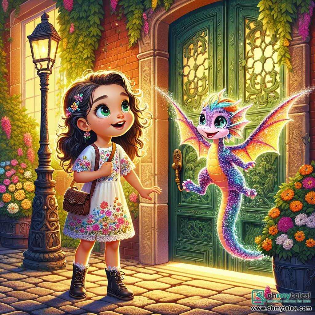 An 8-year-old girl named Lily stands in front of an old door covered in ivy, her eyes shining with wonder and curiosity. She has long curly hair and wears a colorful dress with floral patterns, her hands on the doorknob, ready to open it. Beside her, a small dragon with multicolored scales named Spark joyfully flies in the air. He has sparkling eyes and a mischievous smile, his translucent wings shimmering in the sunlight. The setting is a cobbled street in an ancient town, with red brick buildings and wrought-iron street lamps, all bathed in the soft golden light of dusk. Colorful flowers grow along the walls, adding a touch of magic to the environment. The main scene shows Lily, filled with excitement, about to open the mysterious door that seems to lead to a fantastic world, while Spark enthusiastically encourages her, ready to accompany her on this new magical adventure.