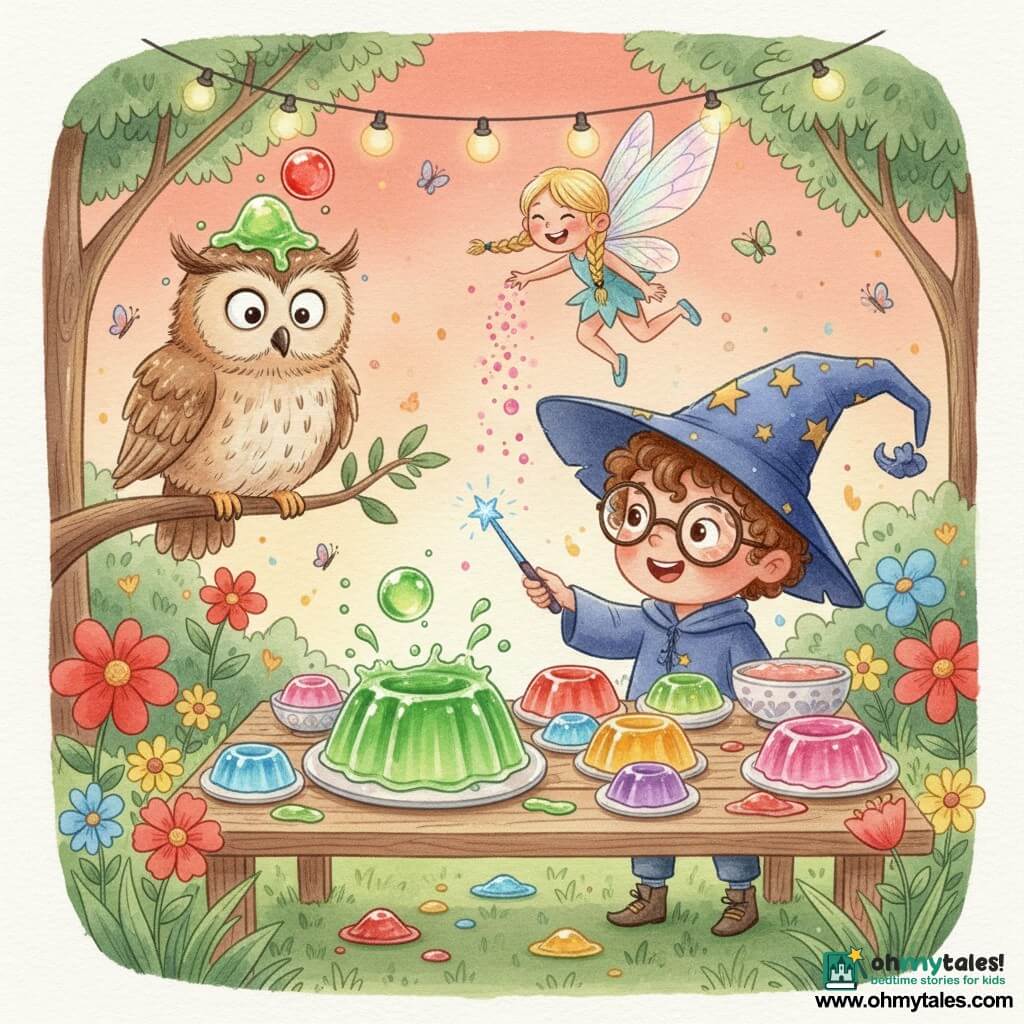 A delighted 3-year-old apprentice wizard boy with bouncing curly brown hair, big round glasses slipping on his nose and an oversized pointed hat drooping over his eyes, holds a small sparkly blue wand aimed at a large bowl of green jelly; Professor Hoots, an old beige-and-brown ruffled owl perched to the left, has surprised round eyes and a big splat of green jelly on his head looking comically indignant; Twinkle, a small fairy with iridescent wings and braided blonde hair, laughs and flutters above the rustic table casting pink sparks; in a magical garden of tender green grass, oversaturated red, yellow and blue flowers, string lights, butterflies and fireflies under a salmon sunset, colorful bowls of jelly bounce and splash in a chaotic joyful jelly party with droplets and splashes everywhere.