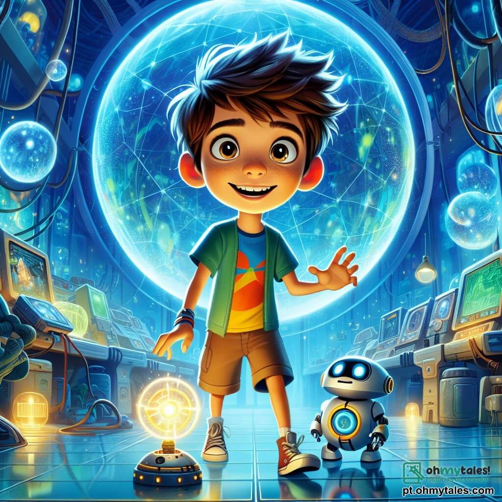 Um garoto de 10 anos, Léo, com cabelos castanhos bagunçados e um grande sorriso, está diante de uma imensa esfera luminosa que pulsa com energia. Ele usa uma camiseta colorida e um short, e seus olhos brilham de excitação enquanto explora um laboratório futurista. Ao seu lado, um pequeno robô esférico chamado Zippy, com olhos luminosos e uma superfície prateada, flutua alegremente, pronto para ajudá-lo em suas aventuras. Mais adiante, outro robô, Tico, com uma aparência ligeiramente desgastada, observa-os com curiosidade, com os bracinhos estendidos em direção a Léo. O local é uma sala futurista repleta de máquinas brilhantes e painéis holográficos, onde luzes azuis e verdes dançam ao redor, criando uma atmosfera mágica. A cena principal mostra Léo, Zippy e Tico descobrindo o misterioso laboratório, enquanto se preparam para ativar a esfera de energia e restaurar a cidade de Lumiville.