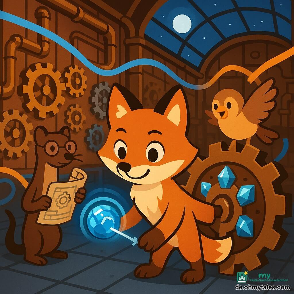 Ein junger rotsfuchs (Hauptfigur) mit warmorangefarbenem Fell, weißer Brust, großen runden Augen und entschlossenem Lächeln hält behutsam eine kleine glänzende mechanische Kugel, die einen blauen Lichtsaum ausstrahlt und einen kleinen silbernen Schlüssel enthüllt; er steht in der Mitte und streckt die Pfote zu einem großen Zahnrad, in das er gerade den Schlüssel ins Herz einzuführen scheint, während die Kugel einen leuchtenden Pfad zur Schlossöffnung projiziert; links leicht hinter ihm steht die schlanke braune Marderfrau Lira mit gepflegten Schnurrhaaren und runden Brillengläsern, konzentriert und einen gerollten Technikplan zeigend; auf seiner rechten Schulter sitzt der rundliche Sperling Bembel mit hellbraunen Federn und halb geöffneten Flügeln, begeistert auf die Kugel blickend; der Ort ist ein retro-futuristisches Atelier mit kupfernen Wänden und polierten Rohren, Reihen goldener und silberner Zahnräder, einem riesigen alten Zahnrad mit leuchtenden Kristallen in der Mitte, Metallplattenboden und blauen sowie bernsteinfarbenen Lichtbändern; Nachtstimmung mit sichtbarem Mond durch ein Oberlicht, Atmosphäre von Staunen und Zusammenarbeit.