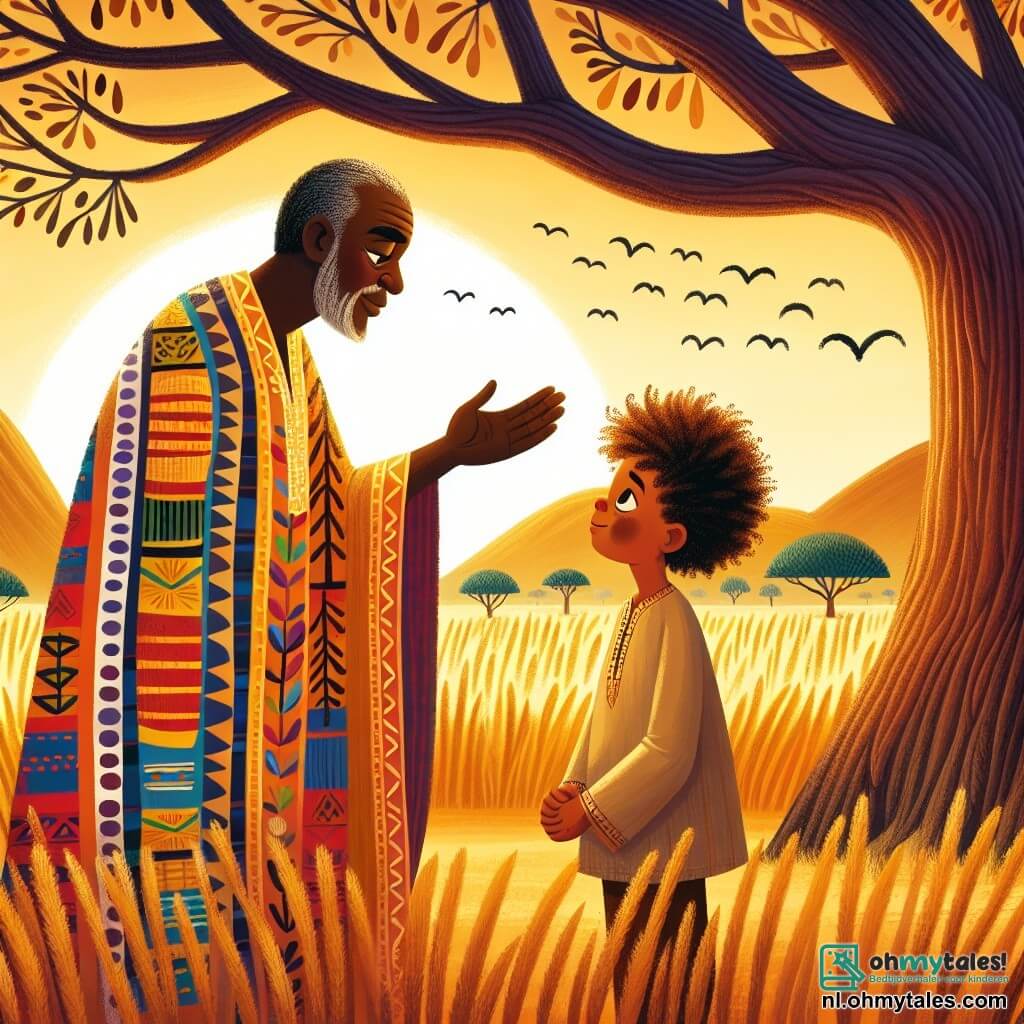 Een wijze man, Kofi, staat onder een enorme baobab, zijn gezicht straalt wijsheid en vriendelijkheid uit. Hij heeft een warme bruine huid, krullend haar en een lange kleurrijke tuniek versierd met levendige Afrikaanse patronen. Kofi glimlacht zachtjes, zijn ogen fonkelen van intelligentie, terwijl hij zijn hand uitsteekt naar een jonge jongen, Amadou, die aandachtig luistert. Amadou, een tienjarig jongetje, heeft glanzende nieuwsgierige ogen en krullend haar. Hij draagt een eenvoudige tuniek en staat dicht bij Kofi, met samengevoegde handen, terwijl hij elk woord van zijn mentor opneemt. De achtergrond is een gouden savanne, verlicht door het warme licht van de ondergang, met hoge grassprieten die zachtjes in de wind golven. In de verte zorgen de silhouetten van bomen en bergtoppen voor diepte in de scène. Kofi legt Amadou de betekenis van de rivier uit, terwijl kleurrijke vogels boven hen vliegen, wat een vleugje magie toevoegt aan dit moment van delen en ontdekken.
