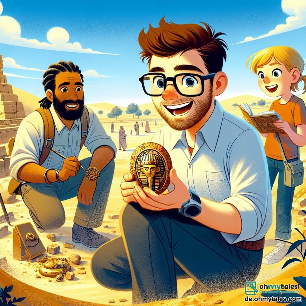 Ein Archäologe, Dr. Felix Weber, steht im Mittelpunkt des Bildes, mit leicht zerzausten braunen Haaren, einem gepflegten Bart und einer Brille. Er hat ein erstauntes Lächeln im Gesicht und hält ein wunderschönes goldenes Amulett in seinen Händen, während er auf dem Boden hockt, umgeben von Staub und Erde. Neben ihm beugt sich eine 20-jährige junge Frau, Anna, mit zu einem Pferdeschwanz gebundenen blonden Haaren, nach vorne, ihre Augen strahlen vor Aufregung, während sie Felix aufmerksam beobachtet. Im Hintergrund macht ein 22-jähriger Mann, Marco, mit schwarzen Haaren und einer Mütze, Notizen in einem Notizbuch und schaut bewundernd auf Felix' Entdeckung. Die Szene spielt in einer weiten, trockenen Ebene im Nahen Osten, mit goldenen Sanddünen unter einem strahlend blauen Himmel. Überreste alter Lehmziegelstrukturen ragen aus dem Boden und zeugen von einer vergessenen Zivilisation. Die Hauptsituation zeigt Felix, der ein wertvolles Amulett entdeckt, ein Symbol für den Reichtum der alten Geschichte, während Anna und Marco voller Staunen zuschauen und einen Moment der archäologischen Entdeckung und Aufregung teilen.