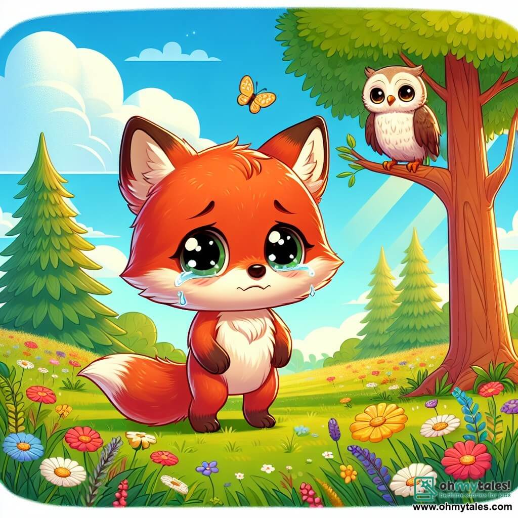 An illustration depicts a small bright red fox with big sad eyes and a bushy tail gently resting on the ground. It stands in a sunny meadow, ears slightly lowered, looking up at the sky with a melancholic expression. Nearby, a wise owl with brown and white feathers perches on a tree branch, its large round eyes expressing compassion as it watches the fox kindly, ready to offer comforting words. The main setting is a lush green meadow dotted with colorful flowers swaying in the wind. In the background, majestic trees rise towards the blue sky, creating a peaceful atmosphere. The main scene shows the fox remembering its lost friend, tears in its eyes, as it recalls the joyful moments they shared. Additional graphic elements include butterflies floating around the fox, symbolizing happy memories, and rays of sunlight filtering through the leaves, adding warmth and hope to the scene.