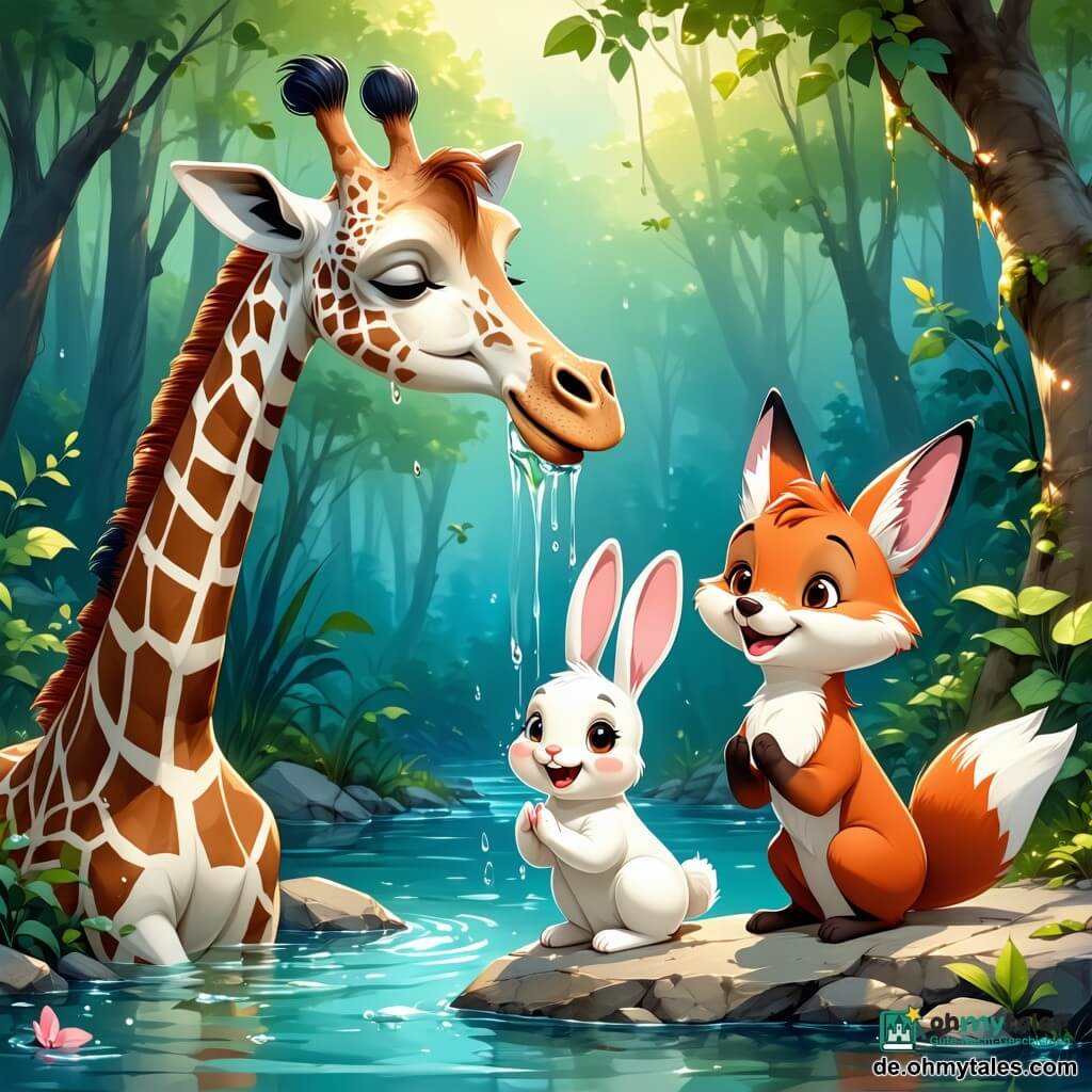 Eine große rotbraune gefleckte Giraffe mit langem Hals und sanftem Blick hält fürsorglich ein kleines durchnässtes weißes Kaninchen zwischen den Zähnen und setzt es am Ufer ab; das erleichterte Kaninchen mit rosa Ohren sitzt neben ihr, während ein schelmisch-aufmerksamer roter Fuchs auf einem Felsen etwas zurückhaltend applaudiert; die Szene spielt an einem glitzernden Bach mit klarer, goldlichtdurchsetzter Wasseroberfläche, glatten Kieseln, smaragdgrünen Gräsern, bunten Wildblumen und einer knorrigen Eiche im Hintergrund, abendlich warm und rosig beleuchtet in stilisierter Art-déco-Ästhetik mit klaren Linien und sanften geometrischen Mustern, Atmosphäre freundlich und hilfsbereit.
