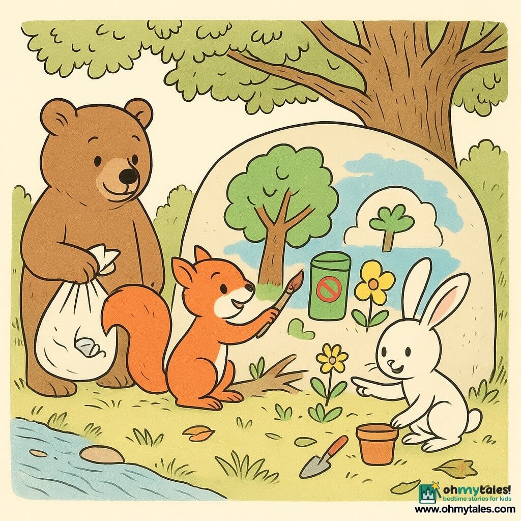 A lively red squirrel smiles determinedly as it paints a large colorful mural on a flat stone by a sparkling stream; a gentle brown bear stands left, carefully collecting paper and plastic in a bag; a joyful white rabbit with long ears plants flowers in front of the stone with small trowels and pots nearby; a shy but proud gray hedgehog sits by the oak roots, pointing to a drawn bee on the mural; the scene is a wooded clearing with a broad-branched oak, tufts of grass, fallen leaves, and a smooth stone used as the mural wall, where the animals clean the stream bank and collaboratively paint eco-friendly actions like flowers, a crossed-out trash can, and a newly planted tree.