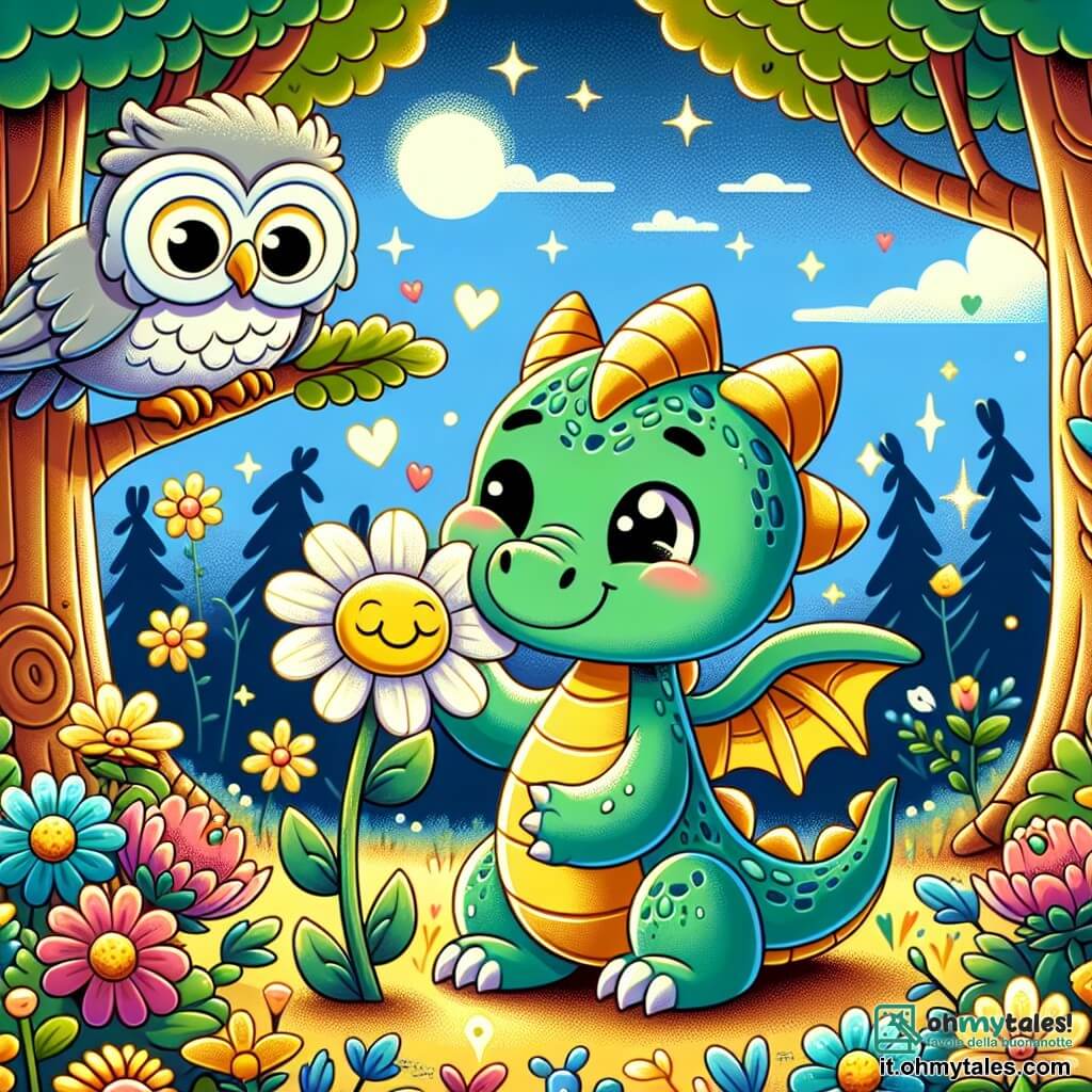 Un piccolo drago dalle squame verdi e brillanti, con piccole ali e grandi occhi espressivi, sorride gioiosamente mentre aiuta un fiore triste a sbocciare. Il drago, pieno di dolcezza, soffia delicatamente sul fiore, facendolo brillare di colori vivaci. Nelle vicinanze, un vecchio gufo saggio, con piume grigie e occhiali rotondi, osserva la scena con un sorriso benevolo, seduto su un ramo d'albero, i suoi occhi scintillanti di saggezza e orgoglio. Il luogo è una radura incantata, circondata da alberi dai tronchi dorati e fiori multicolori che danzano al vento, sotto un cielo blu splendente punteggiato di nuvole a forma di caramelle. La situazione principale mostra il piccolo drago che scopre la gioia di aiutare gli altri, mentre il fiore, grazie al suo soffio magico, inizia a sbocciare, illuminando la radura con la sua bellezza ritrovata.