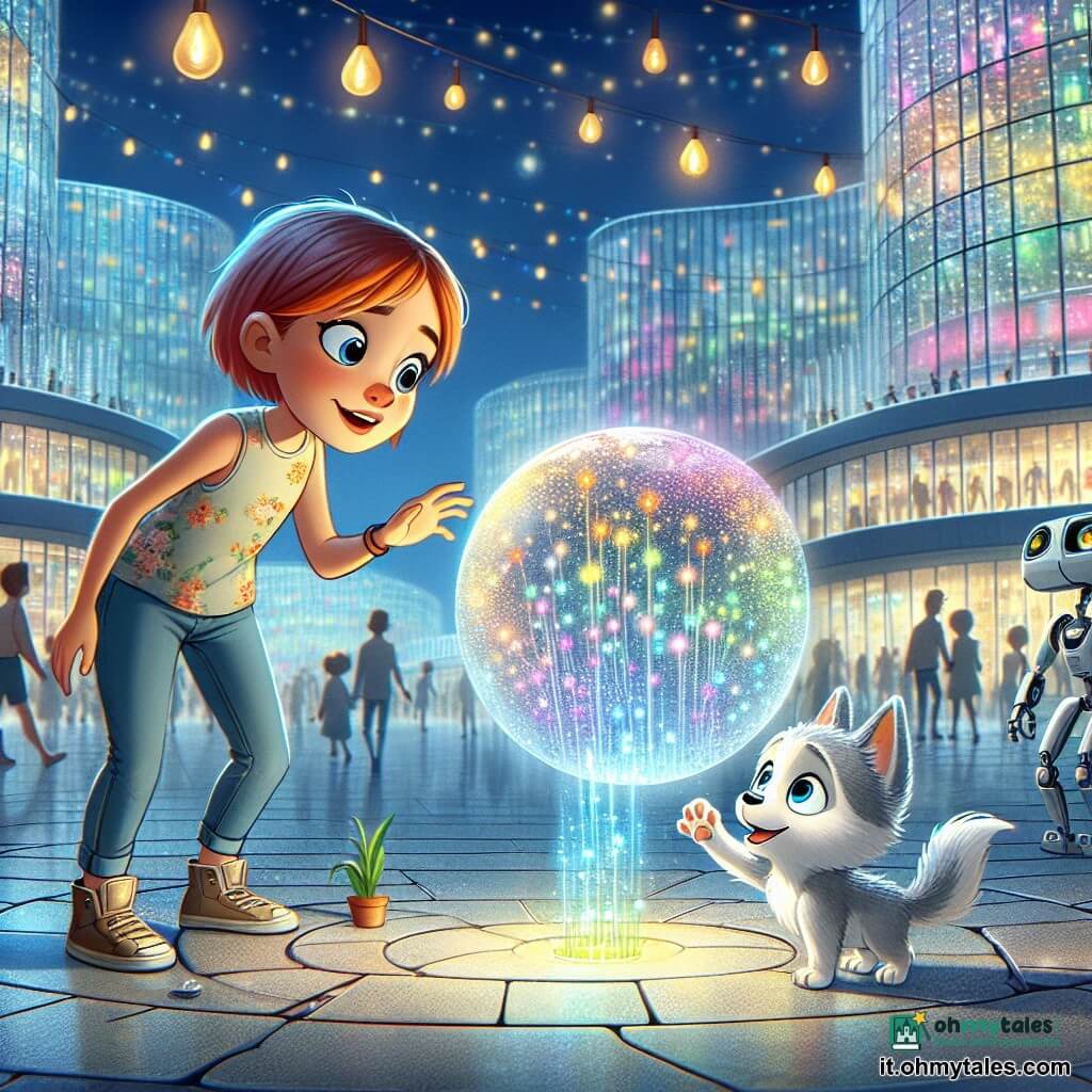 Un piccolo lupo dal pelo grigio argenteo, di nome Lino, si trova al centro di una grande piazza futuristica, con gli occhi brillanti di eccitazione e curiosità. Osserva una enorme sfera di vetro scintillante che emette luci colorate, mentre alza una zampa per toccare il vetro con meraviglia. Accanto a lui, Maya, una giovane ragazza dai capelli ramati, sorride con uno sguardo determinato. Indossa un vestito leggero con motivi floreali e tiene un piccolo taccuino da disegno, pronta a catturare questo momento magico. Un robot giardiniere, con braccia articolate e una testa rotonda, si china per annaffiare una pianta luminosa, mostrando un'espressione gioiosa sul suo schermo. La scena si svolge nella città di Nuova Aurora, dove edifici in vetro trasparente si ergono come cristalli e tram fluttuanti scorrono silenziosamente sopra la piazza, illuminati da lanterne colorate. Il cielo è di un blu profondo, punteggiato di stelle scintillanti. Lino, Maya e il robot giardiniere si riuniscono attorno al Cuore di Luce, la grande sfera che ha perso il suo splendore. Uniscono le loro voci e i loro gesti per ravvivare la luce della città, creando un'atmosfera di magia e camaraderie.