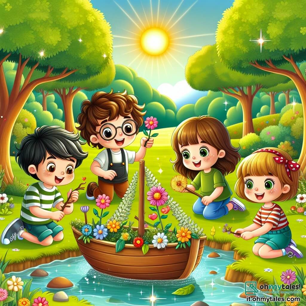 In un incantevole boschetto soleggiato, quattro bambini sono riuniti attorno a una piccola barca fatta di rami e fiori. Marco, un ragazzo di sette anni con i capelli ricci e castani e occhiali tondi, sorride tenendo un rametto decorativo. Alla sua destra, Anna, una ragazza dai capelli biondi e con lentiggini, si illumina tenendo un bel sasso colorato. A sinistra, Tommaso, un ragazzo dai capelli castani e con occhi scintillanti, si inclina in avanti, curioso di vedere la barca galleggiare. Infine, Giulia, una ragazza dai lunghi capelli neri, ride mentre aggiunge fiori alla barca, seduta sull'erba verde. Il luogo è un boschetto verdeggiante, pieno di alberi maestosi con foglie lucenti, e un ruscello cristallino che serpeggia tra il terreno coperto di fiori selvatici colorati. Il sole brilla tra i rami, creando riflessi di luce nell'aria fresca. La scena principale mostra i bambini, uniti nella gioia, mentre fanno galleggiare la loro barca decorata sul ruscello, simboleggiando la loro amicizia e creatività, mentre ridono insieme, godendosi questa bella giornata estiva.