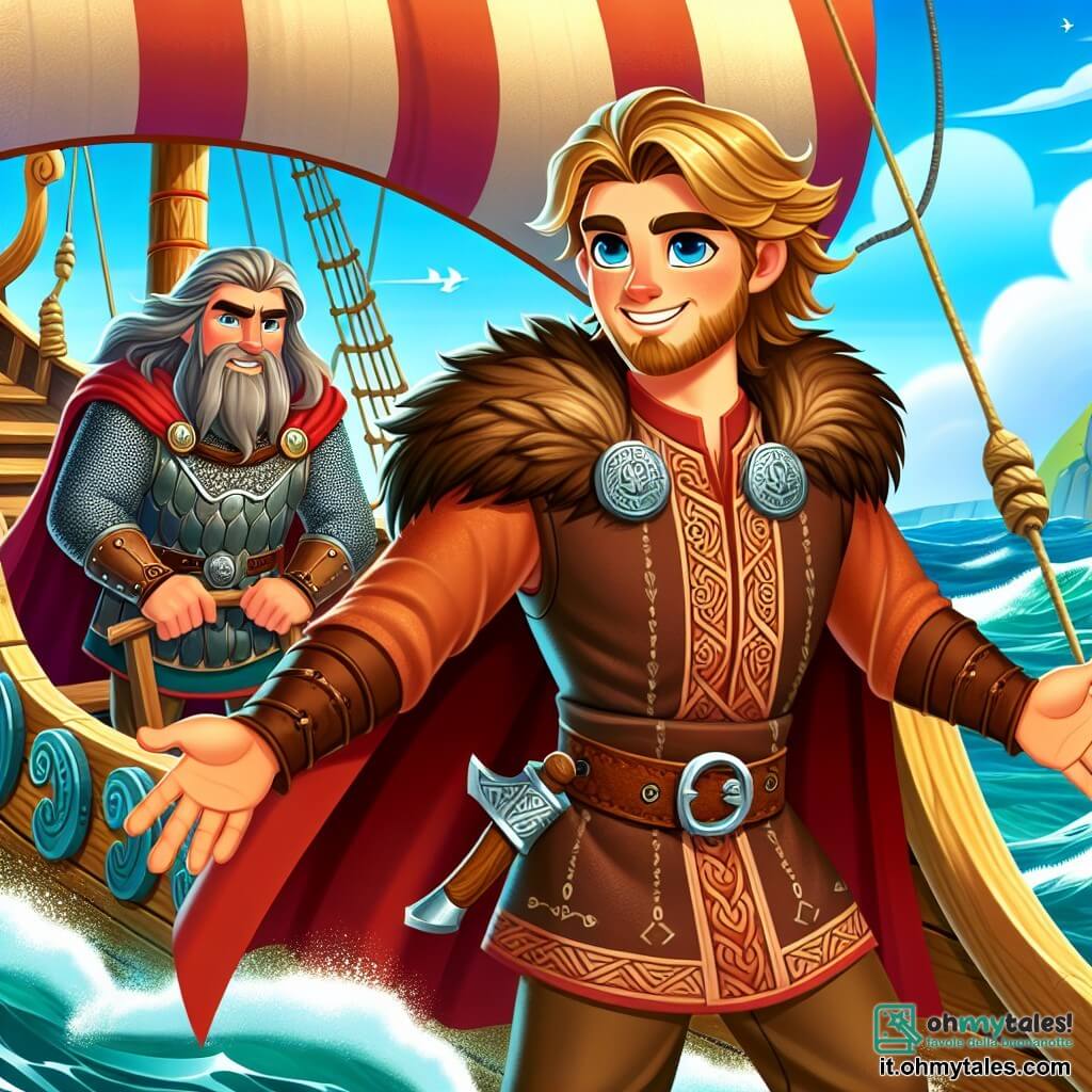 Il personaggio principale, Leif, è un giovane vichingo di circa 20 anni, con capelli biondi e una barba ben curata. Indossa una tunica di pelle marrone, decorata con motivi nordici, e il suo volto esprime una determinazione coraggiosa, con gli occhi brillanti di eccitazione. Si trova fermo sul ponte del suo drakkar, con le braccia aperte, pronto ad affrontare l'ignoto. Accanto a lui, Erik il Forte, un uomo di mezza età di circa 40 anni, con capelli lunghi e grigi, indossa un'armatura di metallo e ha uno sguardo protettivo. Osserva Leif con orgoglio, leggermente indietro, con le mani sui fianchi, pronto a sostenere il suo giovane amico. Il luogo è un maestoso drakkar vichingo che naviga su un mare agitato, con onde scintillanti sotto un cielo blu chiaro punteggiato di nuvole bianche. Le vele rosse della nave sventolano al vento, aggiungendo un tocco di colore vibrante alla scena. La situazione principale mostra Leif ed Erik che si preparano a entrare in una fitta nebbia misteriosa, simbolo delle sfide a venire. Leif, con la sua espressione intrepida, è sul punto di compiere un grande passo verso l'avventura, mentre Erik, vigile, è pronto a guidare il suo giovane amico attraverso l'ignoto.