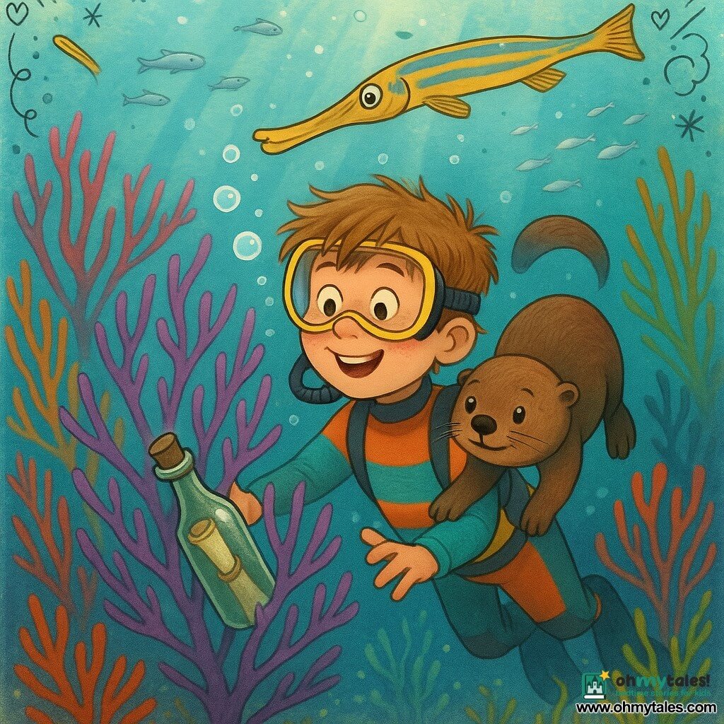 An 8-year-old boy with a round freckled face and tousled light brown hair, amazed and smiling in a colorful wetsuit, reaches toward a shimmering bottle caught in the branches of a purple gorgonian; a small plump sea otter named Nibble with glossy brown fur and mischievous eyes floats beside him, touching him gently with a paw; a long slender yellow-and-blue trumpetfish called Finley circles above like a playful guide; they are surrounded by a waving underwater forest of red, purple, gold, and blue gorgonians, turquoise light rays, shimmering silver fish, rising bubbles, dancing seaweed, textured corals and sandy seabed, capturing the joyful moment of discovery as they find a bottle with a message.