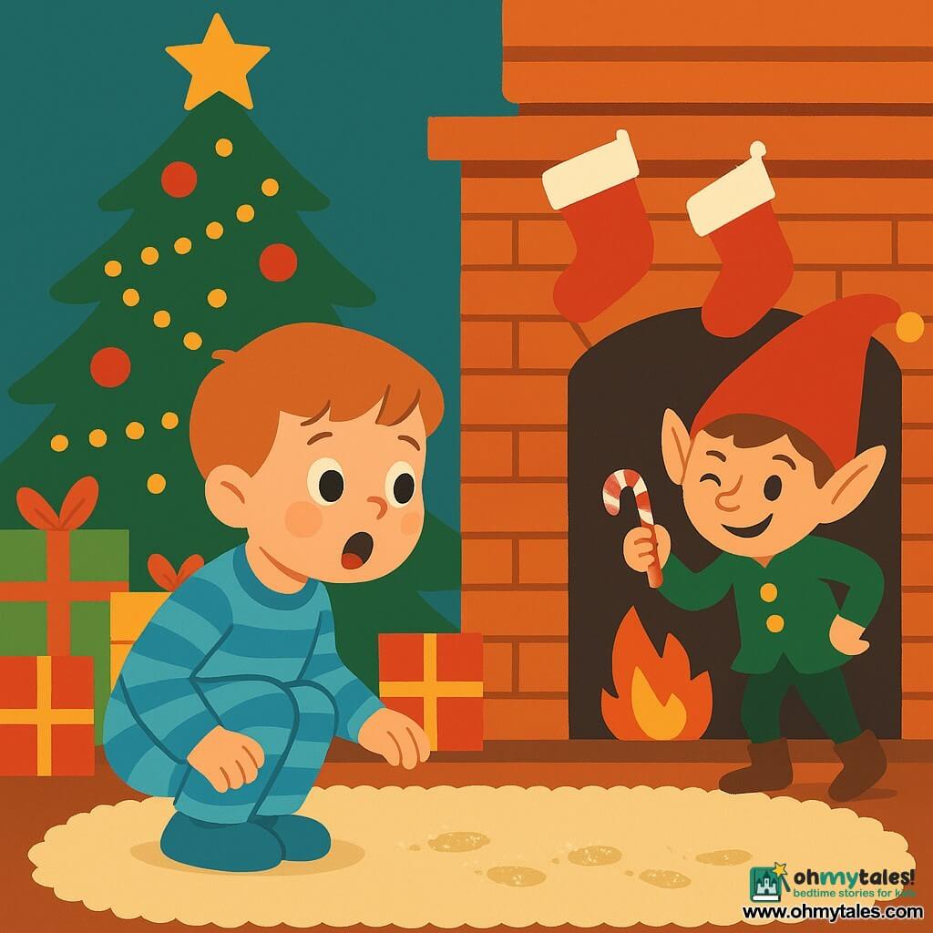 A 4-year-old boy with short light brown hair, a round face and rosy cheeks looks amazed with wide eyes and parted lips, crouched on a plush cream rug in blue-striped pajamas and fuzzy slippers following small sparkling footprints; a small mischievous elf boy wearing a red pointed hat with a gold bell and a green jacket appears by Christmas stockings hanging on a brick fireplace, winking and holding a peppermint candy; an adult male orange-and-white tabby cat lies by the Christmas tree with its tail curled, watching curiously; the cozy, bright living room features a large decorated tree with garlands, red baubles and twinkling lights, stacked colorful gifts, and the overall atmosphere is magical and joyful as the boy discovers the glittery tracks while the elf plays a cheerful prank.