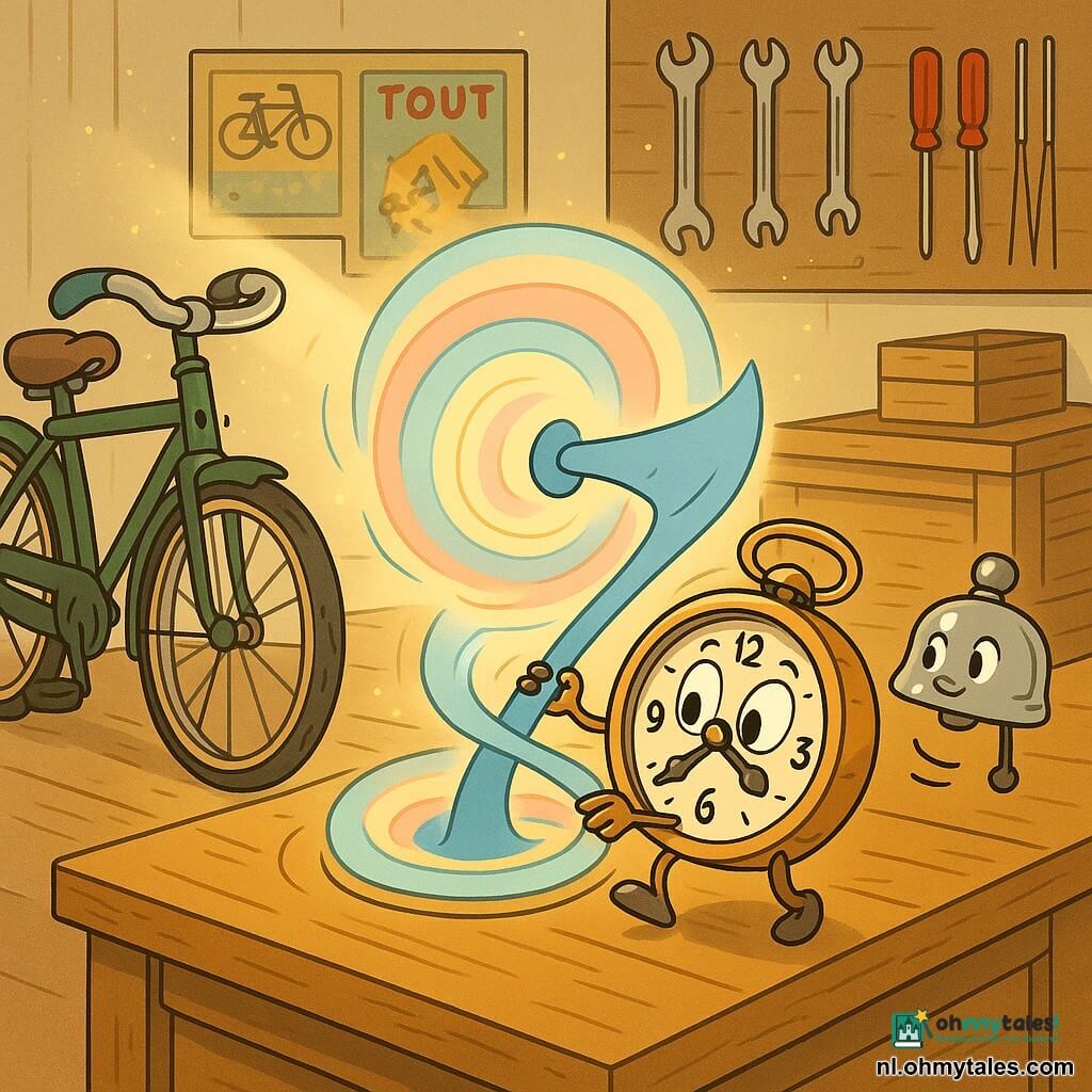 Een kleine antropomorfe mechanische wekker (hoofdpersoon), rond, glanzend messing, wijzerplaat-ogen en kleine wijzertjes als handen, verwonderde nieuwsgierige blik, hij draait energiek aan een grote blauwe wijzer. Een oude pratende fiets (bijpersonage), donkergroen stalen frame, gebarsten leren zadel, vriendelijke glimlach, staat links van de wekker, rustig maar oplettend. Een oude chromen bel (bijpersonage), klein, met samengeknepen vriendelijke ogen, hangt rechts op de voorgrond en klingelt zacht. Jaren 1950-atelier: gepatineerde houten werkbank, gereedschap aan de muur, goudkleurig stof in een zonnestraal, vintage reclameposters en kratten. Situatie: de wekker activeert zijn tijdreismachine midden in het atelier, pastelkleurige draaiende lichtkring, warme magische sfeer, duidelijke kindvriendelijke compositie.