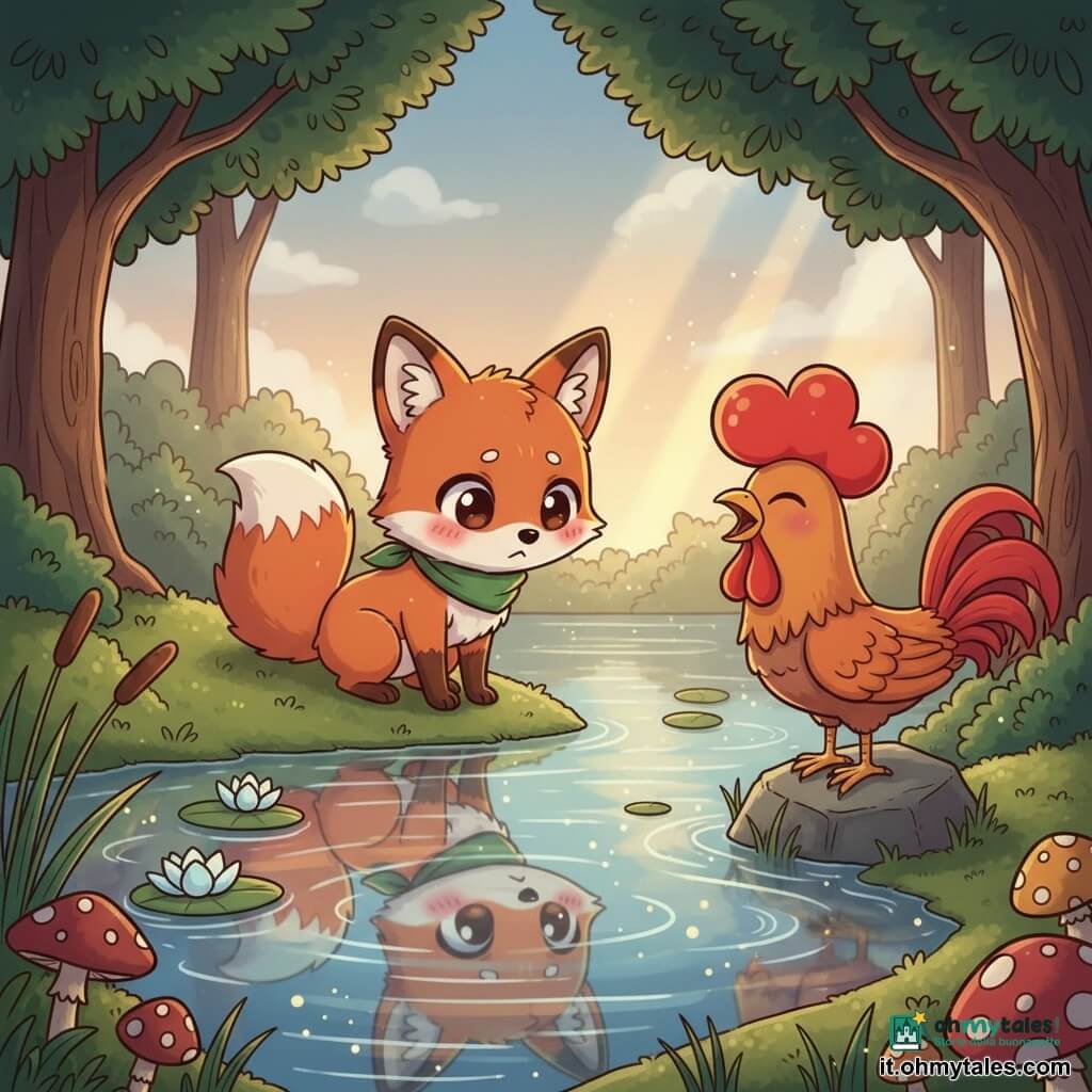 Una piccola volpe dal pelo rossiccio e guance rosate, occhi grandi ed espressione timida ma determinata, è accucciata al bordo di un lago a guardare il proprio riflesso; ha zampe sottili, coda folta con punta bianca e una piccola sciarpa verde. Un gallo rosso dal piumaggio lucido e cresta rotonda è su una pietra vicina che canta, becco aperto, incoraggiando la volpe. Il lago è calmo come uno specchio al crepuscolo con ninfee bianche, canne sottili e scintillii di luce; intorno alberi scuri, muschio e qualche fungo colorato, un raggio dorato filtra tra i rami. L'ombra della volpe sull'acqua, deformata dalle onde, appare grande e un po' minacciosa, mentre la volpe, coraggiosa ma delicata, tende la zampa e parla al riflesso; il gallo la sostiene cantando. Stile chibi kawaii, colori caldi e contrastati, contorni morbidi, texture semplici e atmosfera tenera e rassicurante.