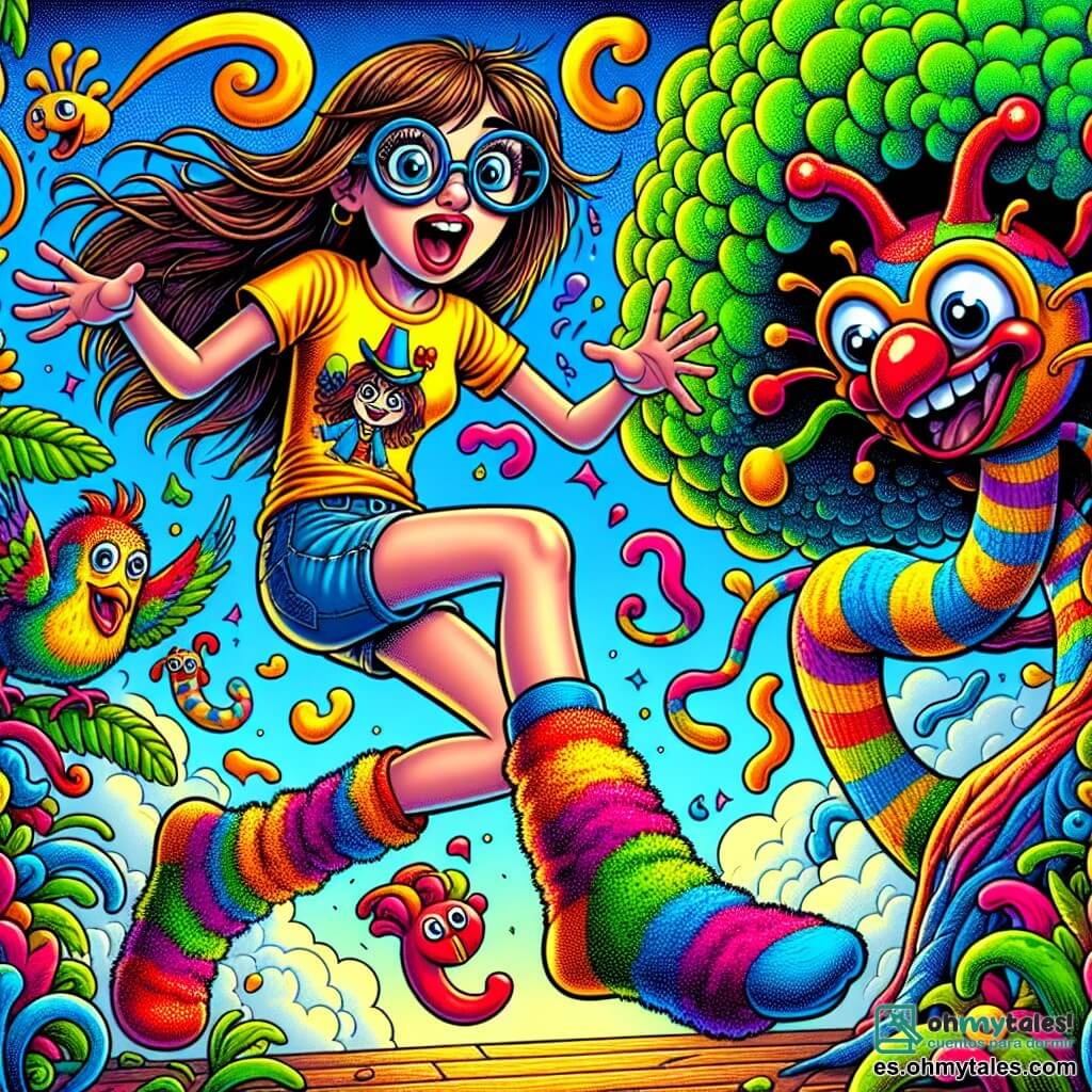 Una niña de 10 años, con largos cabellos castaños y gafas redondas, se encuentra en el centro de la imagen, con los ojos muy abiertos de sorpresa y una gran sonrisa en el rostro. Lleva una camiseta amarilla brillante con un gato divertido y un short de mezclilla. A sus pies, dos calcetines coloridos, uno rojo y otro azul, con caras sonrientes, saltan alegremente a su alrededor. A la izquierda, un loro de plumas multicolores y un pequeño sombrero divertido se acerca a ella, con las alas extendidas, listo para contar un chiste. A la derecha, un árbol con ramas en forma de nariz de payaso, con hojas verdes brillantes, parece reír con ellos, sus raíces ondulando como serpientes. El decorado es un mundo fantástico lleno de colores vivos: el cielo es de un azul brillante, salpicado de nubes en forma de caramelos, y el suelo está cubierto de flores gigantes con pétalos brillantes. La situación principal muestra a la niña y los calcetines saltando de alegría, rodeados de risas y colores, mientras descubren juntos este mundo divertido y extravagante, listos para vivir aventuras hilarantes.