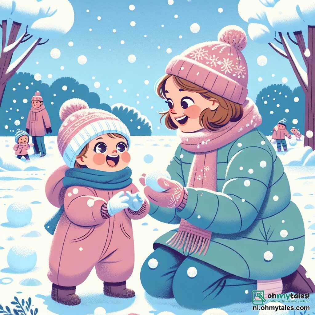 Een klein meisje van 1 jaar met grote, glanzende ogen en een stralende glimlach draagt een dikke roze overall en een mooie blauwe sjaal. Ze maakt een sneeuwbal, terwijl haar kleine handen in de verse sneeuw duiken, met een uitdrukking van vreugde en verwondering op haar gezicht. Naast haar kijkt haar moeder, een vrouw van ongeveer 30 jaar met kastanjebruin haar en een wollen muts, haar teder aan. Ze draagt een groene donsjack en staat iets gebogen, klaar om haar een sneeuwbal toe te werpen. De locatie is een winterpark, bedekt met een dikke laag glinsterende sneeuw, met bomen waarvan de takken vol sneeuw hangen. De lucht is helderblauw met pluizige witte wolken. De belangrijkste situatie toont het meisje en haar moeder die samen spelen, lachend terwijl ze sneeuwballen naar elkaar gooien in een betoverend decor, wat een vrolijke en warme sfeer creëert in het hart van de winter.