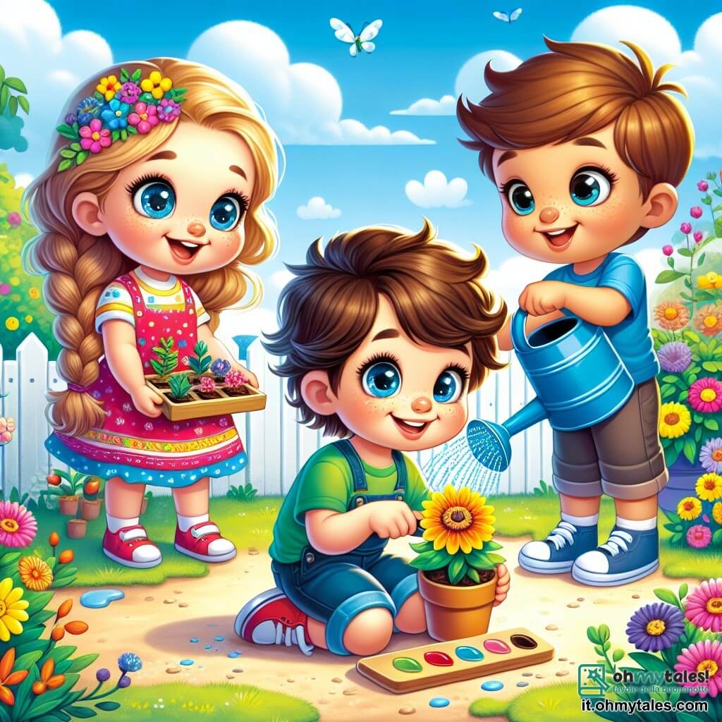 Un bambino di 4 anni, di nome Luca, con i capelli castani in disordine e gli occhi scintillanti di gioia, è accovacciato in un giardino soleggiato, tenendo una piccola paletta in mano. Sorride ampiamente, con le guance rosate, mentre pianta un bel fiore giallo nella terra. Accanto a lui, Anna, una bambina di 5 anni con lunghi capelli biondi intrecciati e un vestito colorato, lo aiuta tenendo un piccolo vaso di fiori. Marco, un bambino di 6 anni con capelli castani e una maglietta blu, annaffia le piante con un grande annaffiatoio blu, un po' più lontano, ma si gira verso i suoi amici con un sorriso amichevole. Il luogo è un giardino comunitario lussureggiante, pieno di fiori colorati e piante verdi. La situazione principale mostra Luca e i suoi amici che lavorano insieme con gioia, piantando fiori e curando il giardino, creando un'atmosfera di amicizia e felicità sotto il sole estivo.