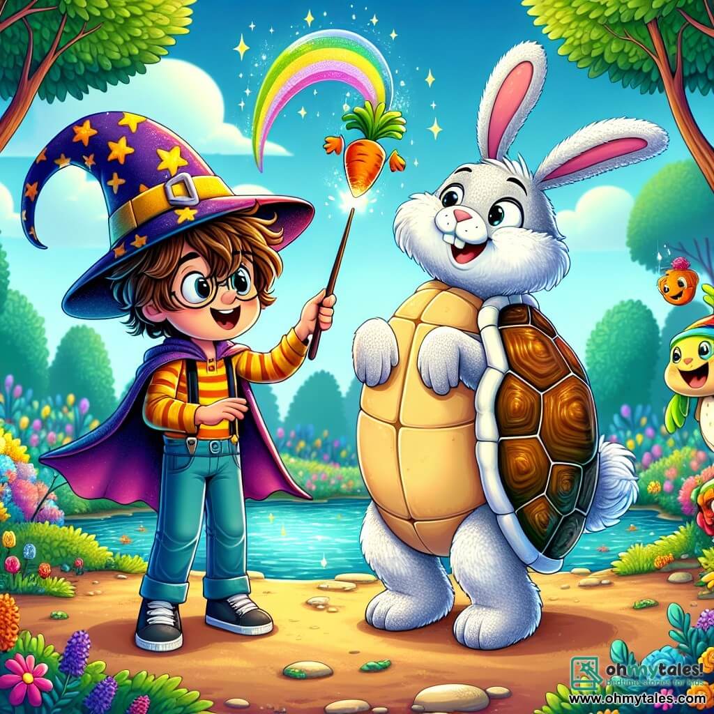 An 8-year-old boy, Oliver, with messy brown hair and an oversized wizard hat, stands at the center of the image, his face lit up by a delighted smile. He holds a magic wand that resembles a rubber chicken, ready to cast a fun spell. Next to him, Sir Fluffington, a large fluffy white rabbit, wears a stylish top hat. He juggles carrots while laughing, slightly stepping back with a paw raised to catch a falling carrot. In the background, Tilly, the Turtlerainbow, emerges from a sparkling pond, her back covered with a colorful shell that shines brightly in the sun. She smiles joyfully, surrounded by vibrant flowers dancing in the wind. The setting is an enchanted forest with multicolored tree trunks that seem to whisper secrets, and a blue sky dotted with fluffy clouds. The main scene shows Oliver, looking determined and happy, trying to cast a spell to create a rainbow, while a shower of colorful confetti falls around him, filling the air with magic and laughter.