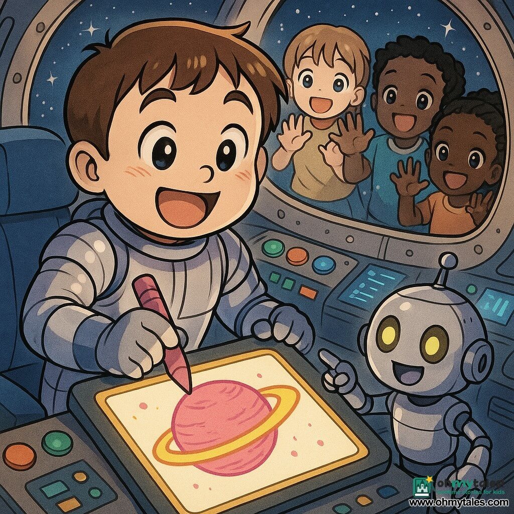 A man named Sam, round smiling face, short brown hair and bright eyes, wears a silver spacesuit with blue stripes, joyful and amazed, holding a pink pencil as he draws a large pink planet with yellow rings on a glowing tablet; a small robot named Sparky, compact metallic body with yellow LED eyes, beeps and smiles to Sam's right on the dashboard, pointing at the screen with an articulated arm; in the background three children (two girls and a boy, about six) press their hands to a porthole, faces wide-eyed; the setting is a round spaceship cockpit with large portholes showing a starry sky, colorful green, red and blue buttons, flickering screens and a blue upholstered chair; Sam and Sparky are mapping new space, soft lights and a warm atmosphere.
