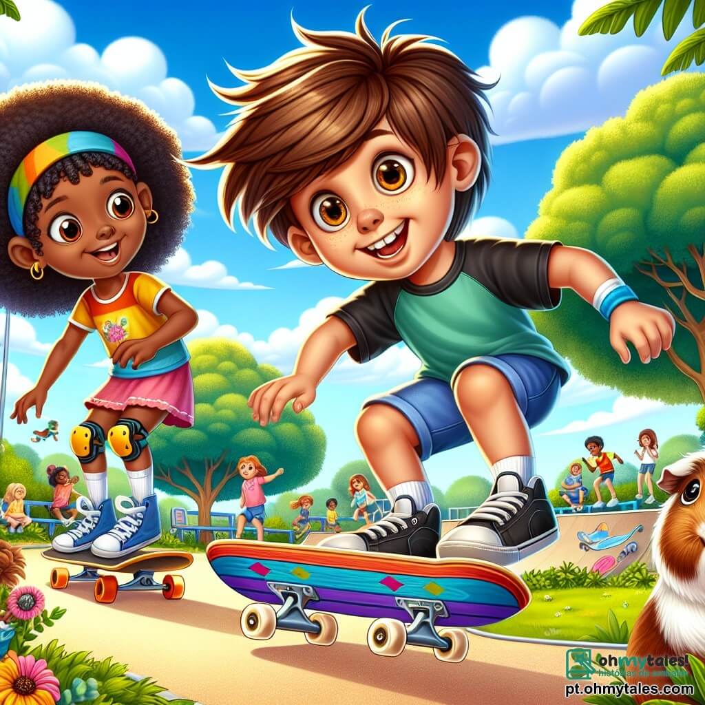 Um garoto de 10 anos, com cabelo castanho bagunçado e grandes olhos curiosos, está deslizando em um skate colorido em um parque ensolarado. Seu rosto expressa intensa alegria e concentração enquanto tenta realizar uma pequena manobra. Ao seu lado, uma garota de 10 anos, com cabelo cacheado e negro, sorri entusiasticamente, incentivando seu amigo. Ela usa uma camiseta colorida e joelheiras, pronta para mostrar suas próprias habilidades no skate. Um travesso porquinho-da-índia, com olhos brilhantes e orelhas longas, observa de lado, com um ar travesso, pronto para dar conselhos. O lugar é um parque verdejante, cheio de árvores majestosas, flores coloridas e uma grande área de skate, onde outras crianças se divertem. O céu é azul, com algumas nuvens brancas, criando uma atmosfera alegre e dinâmica. A cena principal mostra o garoto tentando uma manobra ousada no skate, enquanto a garota o incentiva com gestos entusiasmados e o porquinho-da-índia observa com um olhar cúmplice, todos unidos no espírito de aventura e amizade.