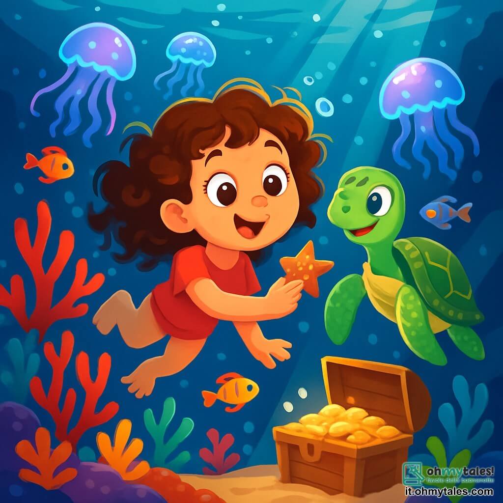 Una ragazza di 8 anni, Sofia, con grandi occhi curiosi e capelli ricci, nuota felicemente in un'acqua cristallina, circondata da meduse luminose che brillano di blu e viola. Il suo viso esprime meraviglia e gioia, mentre tiene in mano una piccola stella di mare. Accanto a lei, una graziosa tartaruga marina, con un guscio verde e occhi dolci, la guida tra i coralli colorati. La tartaruga sembra amichevole e saggia, nuotando lentamente, pronta a mostrarle le meraviglie del fondale marino. Lo scenario è un vibrante reef corallino, pieno di coralli rossi, gialli e blu, dove pesci multicolori danzano attorno a loro. Raggi di luce filtrano attraverso l'acqua, creando un'atmosfera magica e incantevole. La situazione principale mostra Sofia e la tartaruga che esplorano insieme questo affascinante mondo sottomarino, con bolle che si librano attorno a loro, mentre scoprono un tesoro nascosto sul fondo di una grotta scintillante.