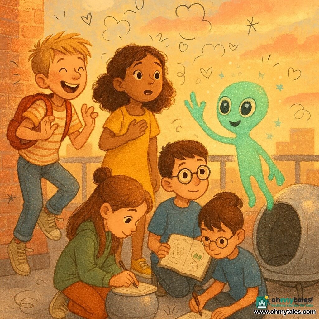 Five characters: Maya, 10, tan skin, curly brown hair, yellow dress and sneakers, standing center-left on the rooftop with a hand on her chest, amazed at the alien; Ben, 10, short brown hair, round glasses, blue T-shirt, seated to Maya’s right holding an open notebook and showing a page; Ellie, 9, long straight hair in a half-bun, green sweatshirt, crouched in front of a silver sphere, drawing a word in the notebook; Sam, 11, messy blond hair, big smile, red backpack, foreground left, tiptoeing as if imitating an alien dance; and Zorp, a small mint-green glowing alien with three large bright eyes, slightly iridescent skin, three fingers per hand, floating right of the group, waving and smiling with tiny sparks. Location: an urban rooftop at late afternoon with warm worn tiles, potted plants, an old metal antenna, a golden sky with pink clouds and partial views of nearby roofs and a streetlamp; visible textures include rough brick, reflective metal and crumpled notebook paper. Main scene: the four children meet a friendly alien beside a partially opened silver landing sphere; warm, curious mood with golden light on faces, the notebook open showing the words Earth / Luma and small doodled waving hands, expressions of wonder and laughter, centered dynamic composition, vivid contrasting colors, soft lines and slightly sketchy outlines.