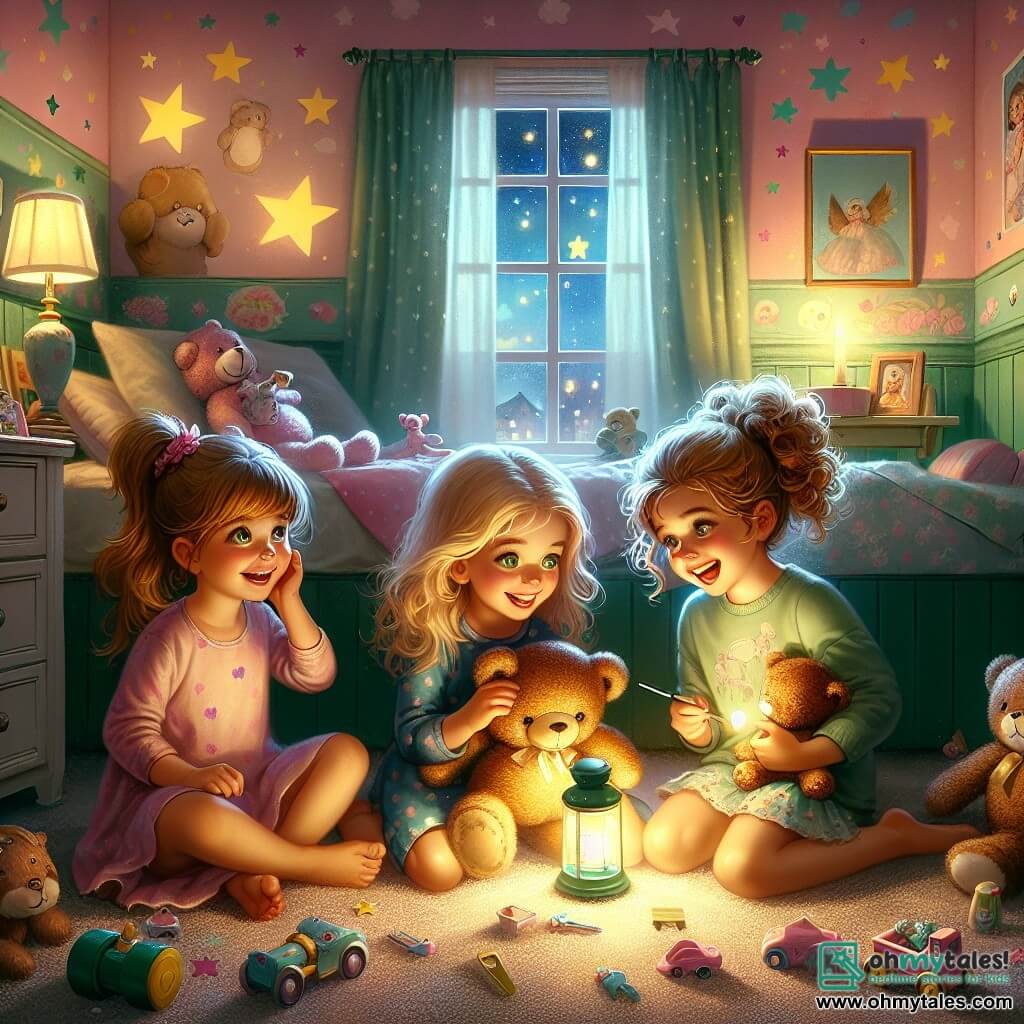 In a cozy room, three little girls are gathered. Mia, a 7-year-old with brown hair and sparkling eyes, sits on her bed holding a lit flashlight that illuminates her smiling face. Next to her, Ella, a 6-year-old with blonde hair in pigtails, gazes in wonder at her teddy bear, lit by the soft light of the lamp. Finally, Zoe, a 5-year-old with curly hair and green eyes, lies on the carpet, laughing as she plays with her doll, also lit by the lamp. The room is decorated with pastel walls, painted stars and clouds, and toys scattered on the floor. A window reveals a starry sky, adding a touch of magic to the atmosphere. The main scene shows the three girls discovering that the night is not so scary thanks to the light from their lamps, creating an atmosphere of camaraderie and joy. Shadows dance around them, but they feel safe and happy, proving that light can chase away fears.