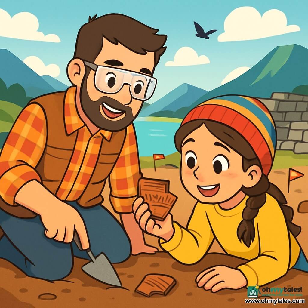 Dr. Tomás Quispe is bent over brown soil, his face focused and joyful, wearing safety glasses and a neatly trimmed beard. He is dressed in a plaid flannel shirt and a work vest, holding a small trowel in his hand. Next to him, a young girl, Amaya, about 12 years old with braided brown hair and a colorful hat, is attentively observing a small piece of pottery she has found, her eyes shining with excitement. They are at an archaeological site by a sparkling lake, surrounded by majestic mountains and ancient stone walls, with flags marking different excavation areas. The scene takes place under a clear blue sky with soft clouds lazily floating by. Dr. Tomás and Amaya are discovering ancient objects buried in the ground, seeking clues about the lives of the people who lived here, while birds sing joyfully above them.