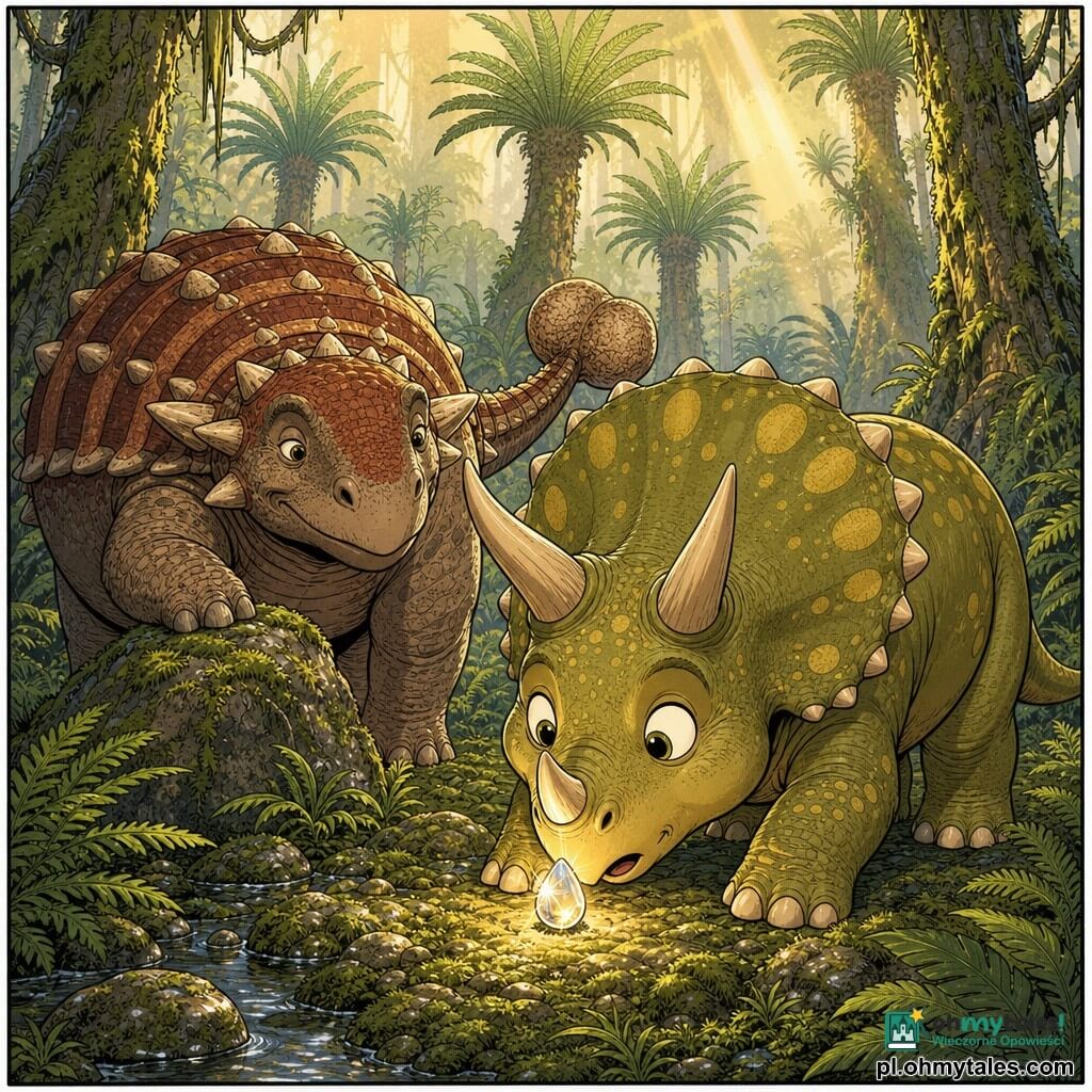 Młody, zaokrąglony triceratops Trójrożek o wyrazistej twarzy i dużych ciekawskich oczach, z błyszczącymi rogami i oliwkowo-zieloną skórą w żółte plamki, pochyla się, wąchając przednim rogiem mały błyszczący kamyk w kształcie łzy, zafascynowany i nieco niepewny; za nim po lewej stoi Pancerka, stara i masywna ankylozaurica z rdzawo-brązową, prążkowaną pancerzem i maczugowatym ogonem, o życzliwym spojrzeniu i łapie opartą o kamień; bez ludzi; podłoże porośnięte dużymi zielonymi paprociami, miękkim mchem i mokrymi kamieniami, w tle mszyste pnie i wysokie cykasy, lekka mgiełka i złote promienie słońca przebijające się przez liście; scena przedstawia odkrycie świecącego kamyczka, którego światło oświetla pysk Trójrożka i rzuca delikatne refleksy na pancerz Pancerki — magia i spokój, ciepłe barwy, szczegółowe tekstury i wyraźne kontury odpowiednie do komiksu dla dzieci.