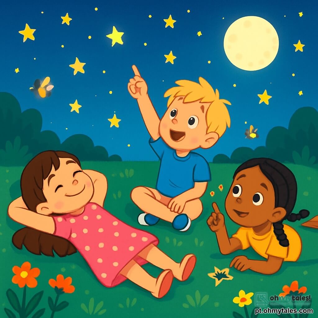 Há 3 personagens: - Clara: uma menina de 5 anos com cabelos longos e castanhos, vestindo um vestido rosa com bolinhas brancas, deitada na grama com os braços atrás da cabeça, olhando para o céu estrelado com um grande sorriso. - Pedro: um menino de 5 anos com cabelos loiros bagunçados, vestido com uma camiseta azul e shorts bege, sentado de pernas cruzadas ao lado de Clara, com os olhos arregalados de admiração, apontando para uma estrela brilhante. - Luísa: uma menina de 5 anos com cabelos negros trançados, vestindo uma saia verde e uma camiseta amarela, deitada de barriga para baixo, com os cotovelos no chão, desenhando estrelas no ar com o dedo. O cenário é um jardim verdejante sob um céu noturno cheio de estrelas cintilantes. A lua cheia ilumina suavemente a paisagem, criando sombras suaves na grama. Flores coloridas embelezam o jardim, e vaga-lumes dançam ao redor das crianças, adicionando um toque mágico à cena. A situação principal mostra os três amigos deitados na grama, maravilhados com a beleza do céu noturno, compartilhando histórias imaginárias sobre as estrelas e a magia da noite, enquanto a luz da lua os envolve com um calor suave.