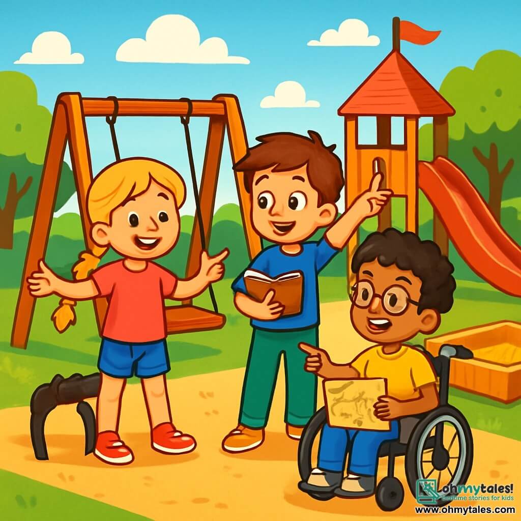 There are 3 characters: - Lucy: an 8-year-old girl with long braided blonde hair, wearing a pink t-shirt and denim shorts. She is standing, smiling, with her arms open, ready to welcome her new friend. - Sam: an 8-year-old boy with messy brown hair, wearing a blue t-shirt and green pants. He is next to Lucy, holding a book in one hand and pointing towards the playground. - Jake: an 8-year-old boy with curly black hair, sitting in a wheelchair. He is wearing a yellow t-shirt and glasses. He is joyfully smiling, with his hands on the armrests, looking at his new friends with enthusiasm. The setting is a colorful playground filled with brightly painted wooden play equipment, including swings, a red slide, and a golden sandbox. Lush green trees surround the playground, and the sky is bright blue with a few fluffy white clouds. The main scene shows Lucy, Sam, and Jake playing together, imagining they are pirates on a ship at sea. Lucy and Sam are on the swings, while Jake directs them from his wheelchair, holding a paper treasure map. They are laughing and having fun, creating a moment of joy and friendship.