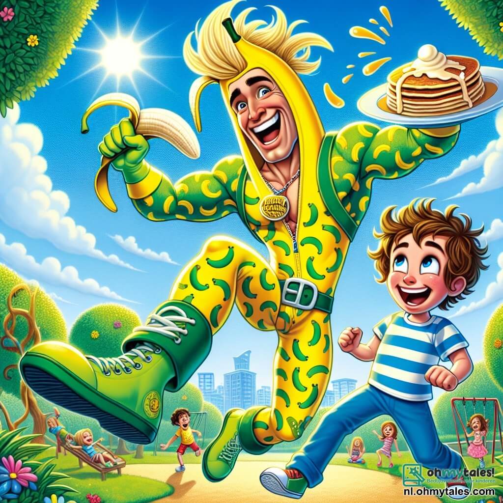 Een superheld, Blije Bananenman, staat in het midden van de afbeelding. Hij heeft een grote blije glimlach, gele bananenhaar en draagt een felgroen kostuum met bananenpatronen. Hij springt in de lucht met zijn voeten omhoog en lacht uit volle borst, terwijl er een grote banaan uit zijn hoofd komt. Naast hem lacht Grappige Pannenkoek, een jongen van ongeveer 8 jaar, met rommelig bruin haar, in een gestreept t-shirt en blauwe broek. Hij houdt een groot bord pannenkoeken vast dat hij in de lucht wil gooien. Op de achtergrond is er een zonnig park met weelderige groene bomen, kleurrijke bloemen en een blauwe lucht met donzige witte wolken. Kinderen spelen op schommels en glijbanen, wat een vrolijke sfeer toevoegt aan de scène. Blije Bananenman en Grappige Pannenkoek lachen samen, gooien pannenkoeken en bananen in de lucht, wat een explosie van kleuren en vreugde creëert, terwijl ketchupdruppels om hen heen vliegen, wat een komische toets aan het geheel toevoegt.