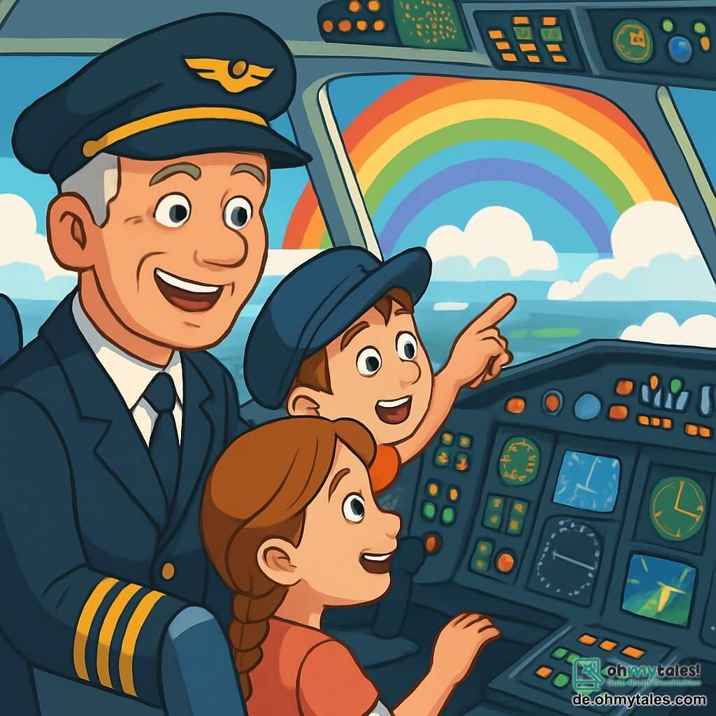Ein lächelnder und begeisterter Pilot namens Herr Müller trägt einen marineblauen Pilotenanzug mit einer Mütze, die mit einem goldenen Abzeichen verziert ist. Seine grauen Haare sind gut frisiert, und seine Augen funkeln vor Freude, während er im Cockpit eines Flugzeugs steht, umgeben von leuchtenden Tasten und Instrumenten. Neben ihm sitzt ein 10-jähriger Junge, Max, mit einer zu großen Mütze und leuchtenden Augen vor Aufregung, der durch das Fenster auf einen wunderschönen Regenbogen zeigt, der am Himmel erscheint. Ein 9-jähriges Mädchen, Lisa, mit langen geflochtenen Haaren, sitzt neben ihm, die Hände auf den Armlehnen, und ihr Gesicht strahlt vor Freude über die spektakuläre Aussicht auf die Wolken darunter. Das Cockpit ist hell erleuchtet, mit bunten Kontrolltafeln und Bildschirmen, die Fluginformationen anzeigen. Draußen ist der Himmel strahlend blau und mit flauschigen weißen Wolken übersät, und darunter sind grüne Felder und glitzernde Flüsse zu sehen. Die Hauptsituation zeigt den magischen Moment, in dem das Flugzeug über einen Regenbogen fliegt, während die Kinder von der Schönheit der Landschaft begeistert sind und Herr Müller ihnen mit einem Lächeln die Wunder des Fliegens erklärt.