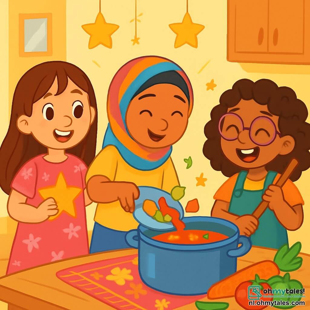Er zijn 3 personages: - Lila: een 8-jarig meisje met lang bruin haar en sprankelende ogen. Ze draagt een roze bloemenjurk en staat links, lachend, met een gouden ster in haar hand. - Noor: een 7-jarig meisje met zwarte vlechten en een mooi gekleurd sjaaltje. Ze draagt een gele t-shirt en een blauwe broek. Ze staat in het midden en giet groenten in een grote pan. - Yasmin: een 8-jarig meisje met krullend haar en ronde brillen. Ze draagt een groene overall en staat rechts, lachend terwijl ze soep probeert te roeren met een grote lepel. De locatie is een warme keuken met lichtgele muren. Er staat een grote houten tafel in het midden, versierd met mooie gekleurde servetten. Papieren sterren hangen aan het plafond en verse groenten liggen op het aanrecht. De belangrijkste situatie toont de drie vriendinnen die een speciale soep voor de Ramadan bereiden, omringd door een vrolijke en heldere sfeer, met gelach en fonkelende sterren om hen heen.
