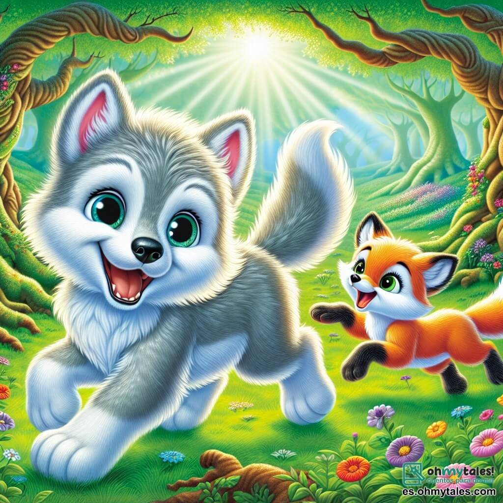 Un pequeño lobo de pelaje plateado brilla bajo el sol, con grandes ojos azules llenos de curiosidad y alegría. Sonríe ampliamente mientras corre alegremente por un campo verde salpicado de flores coloridas, sus patas ligeras rozando el suelo. A su lado, un pequeño zorro de pelaje naranja brillante, con manchas negras y blancas, muestra una gran sonrisa, sus ojos brillando de felicidad y emoción. Corre en zigzag, con las orejas erguidas, sintiéndose finalmente aceptado en este grupo de amigos. El lugar es un claro encantado en el corazón de un bosque mágico, rodeado de grandes árboles con troncos nudosos y follaje denso, donde la luz del sol filtra a través de las ramas, creando patrones danzantes en el suelo. La situación principal muestra al lobo y al zorro corriendo juntos, celebrando su amistad naciente, mientras otros animales los observan con expresiones de asombro, dándose cuenta de que las diferencias no son un obstáculo para la amistad.