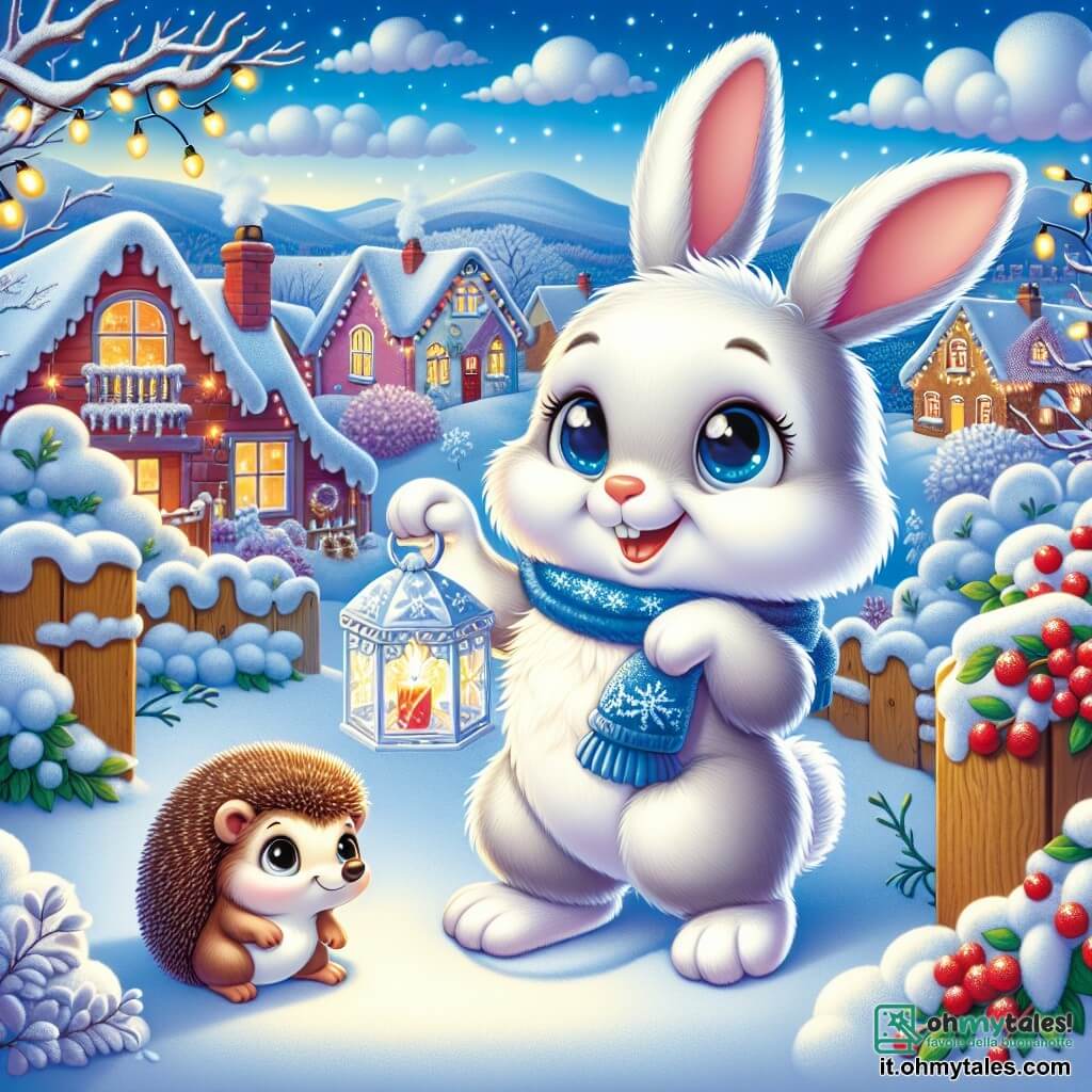 Un coniglietto bianco di nome Fiocco, con un pelliccia morbida come la neve e occhi pieni di curiosità, sta decorando il suo giardino per l'inverno. Sorride felice, tenendo una lanterna di ghiaccio tra le zampe anteriori, mentre un leggero fiocco di neve gli cade sul naso. Vicino a lui, un piccolo riccio, con il dorso spinoso e occhi tondi, osserva Fiocco con meraviglia, pronto ad aiutarlo a abbellire il giardino, accanto a un cespuglio di bacche rosse, mentre raccoglie foglie per il suo rifugio. Lo scenario è un incantevole villaggio innevato, con case dai tetti spioventi coperti di neve, alberi adornati con luci e un cielo azzurro chiaro punteggiato di nuvole bianche. La scena principale mostra Fiocco e il suo amico mentre preparano il giardino per la festa invernale, creando un'atmosfera gioiosa e festosa, piena di colori vivaci e magia invernale.