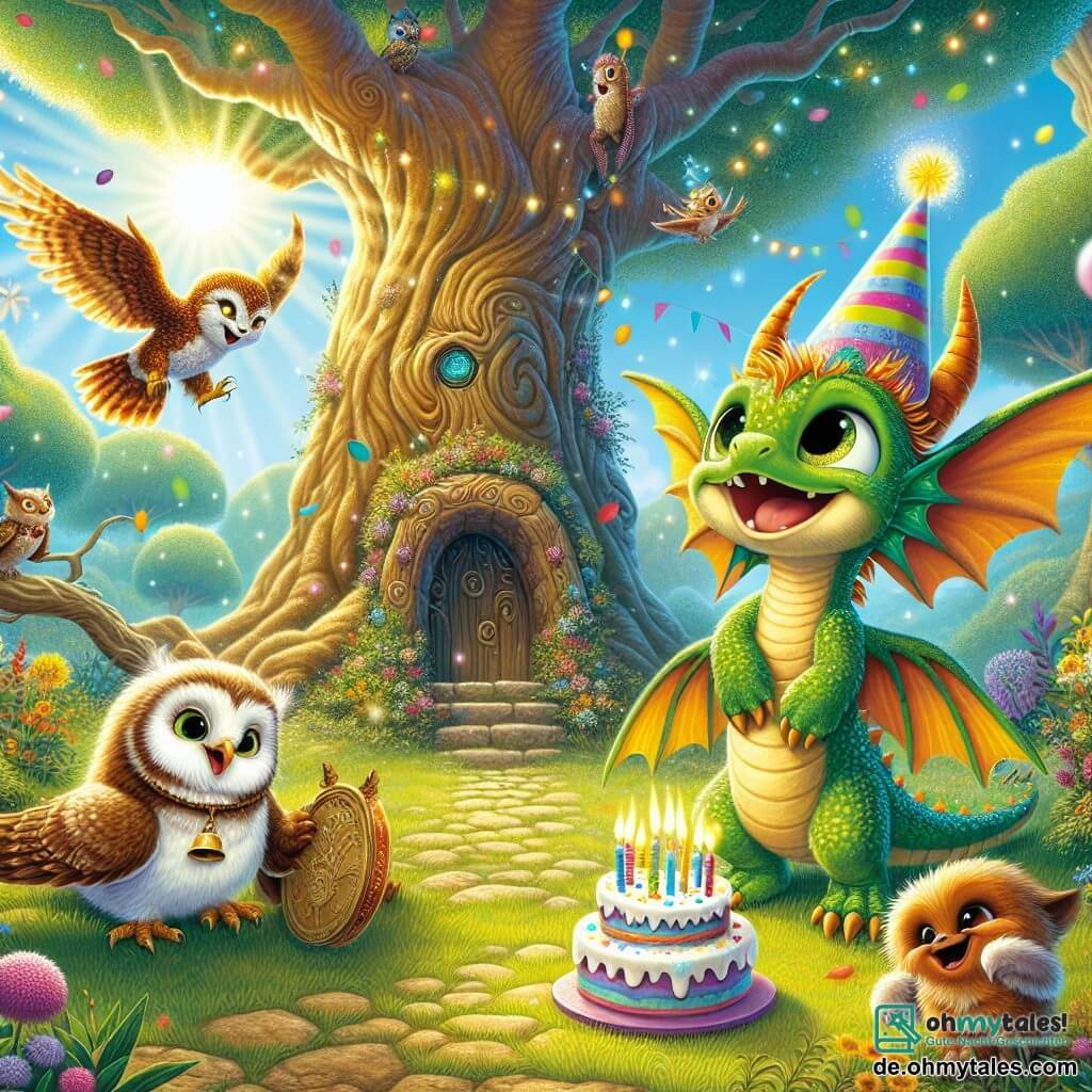 Flap, ein kleiner Drache mit schimmernden grünen und goldenen Schuppen, steht im Mittelpunkt der Szene, seine Augen strahlen vor Freude und ein großes Lächeln ziert sein Gesicht. Er trägt einen kleinen bunten Papierhut und hält einen Geburtstagskuchen mit brennenden Kerzen, bereit zum Ausblasen. Neben ihm fliegt Tilly, eine Eule mit weichen braunen Federn und großen runden Augen, fröhlich im Kreis um Flap, ihr Gesicht leuchtet vor Aufregung. Weiter weg steht Grox, ein kleiner Kobold mit spitzen Ohren und einem schelmischen Lächeln, der lachend seine magische Glocke hält, die im Sonnenlicht funkelt. Die Szene spielt in einer wunderschönen Lichtung, umgeben von majestätischen Bäumen mit lebhaften Blättern und bunten Blumen, die im Wind tanzen. In der Mitte erhebt sich ein großer alter Baum mit einer Rinde-Tür, die dem festlichen Ambiente ein Hauch von Geheimnis verleiht. Flap, umgeben von seinen Freunden, ist bereit, die Kerzen seines Geburtstagskuchens auszublasen, während alle seine Freunde sich um ihn versammeln, um diesen magischen und fröhlichen Moment zu feiern.